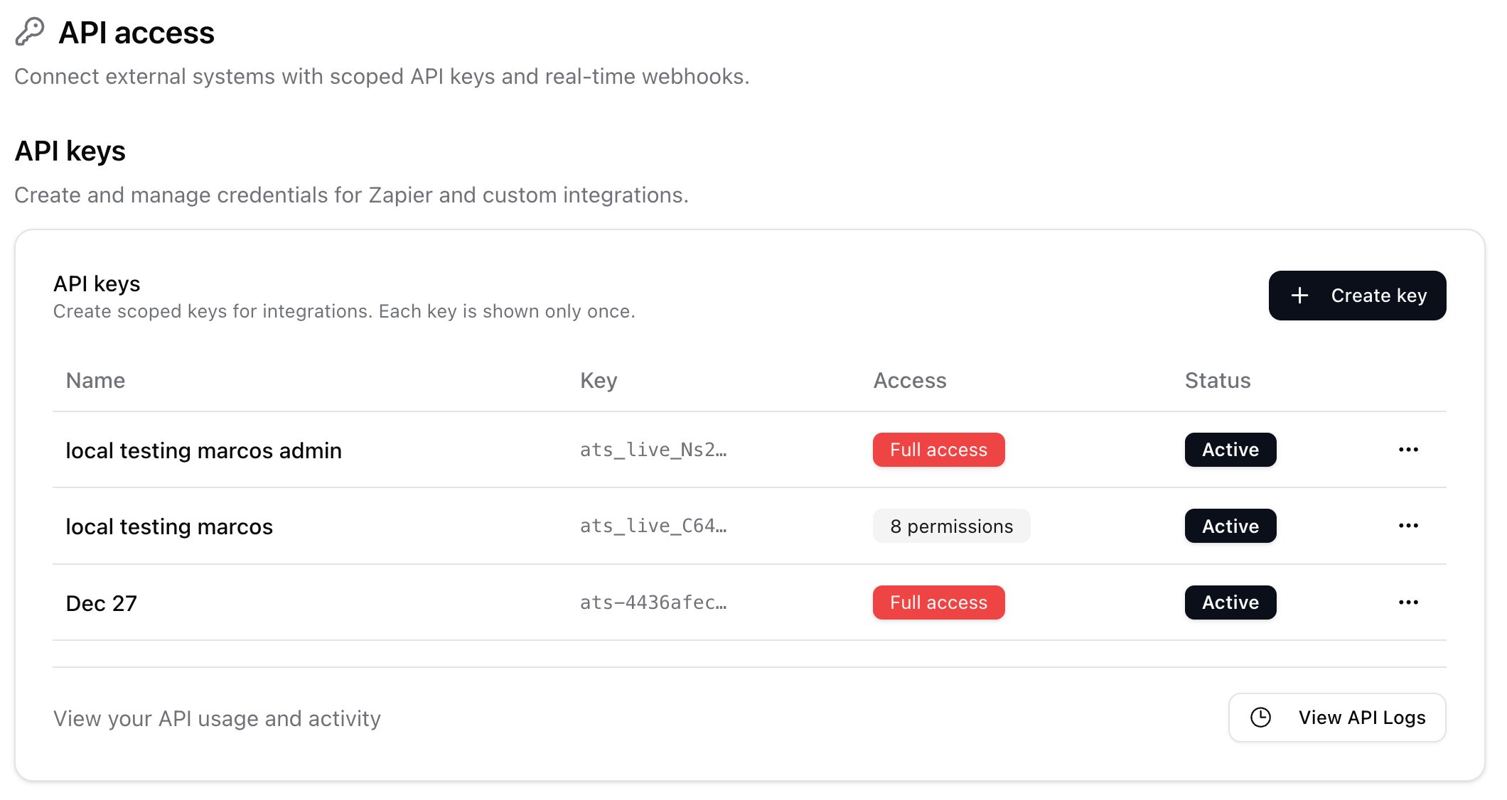 API keys list on Email & other integrations → API access & Webhooks