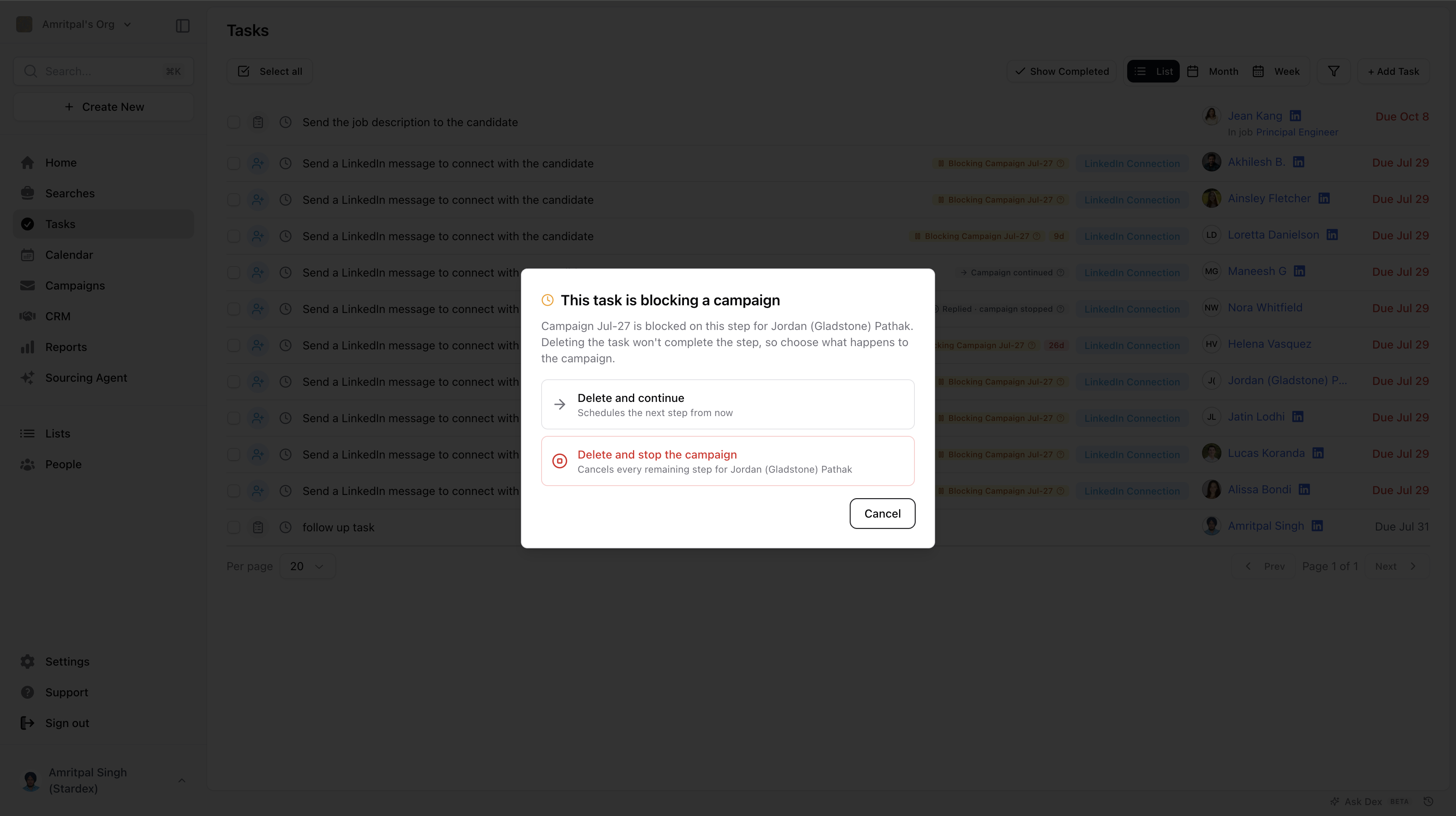 Deleting a task that's blocking a campaign — screenshot 7