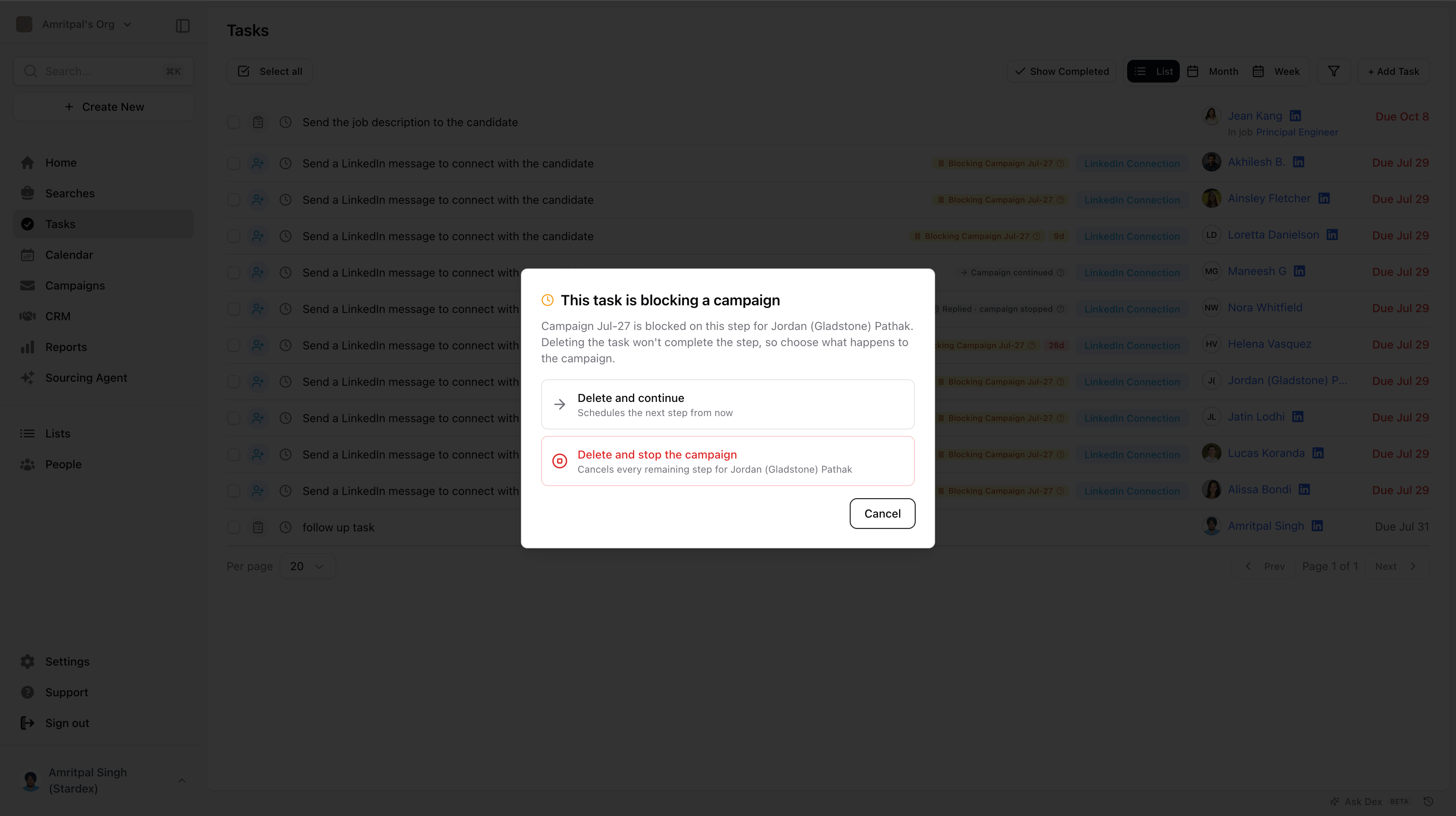 Deleting a task that's blocking a campaign — screenshot 7