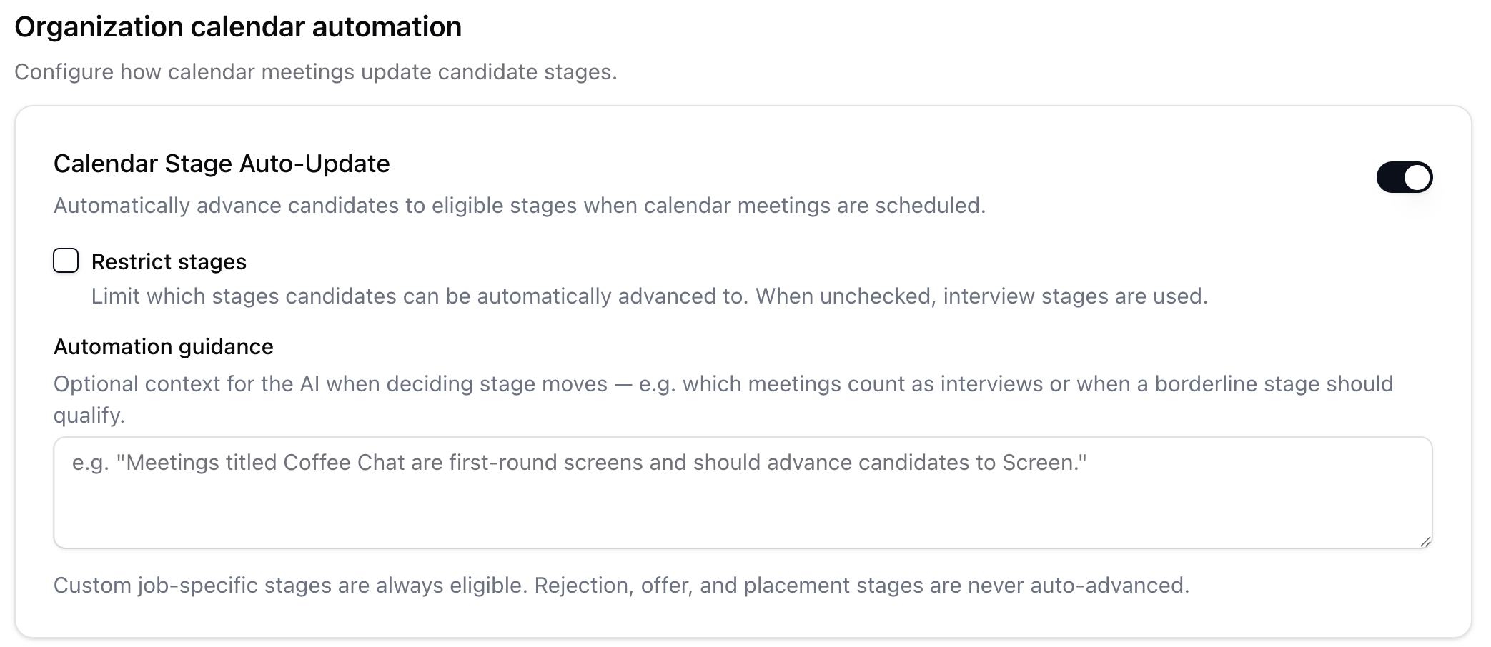 Organization calendar automation on the Calendars page