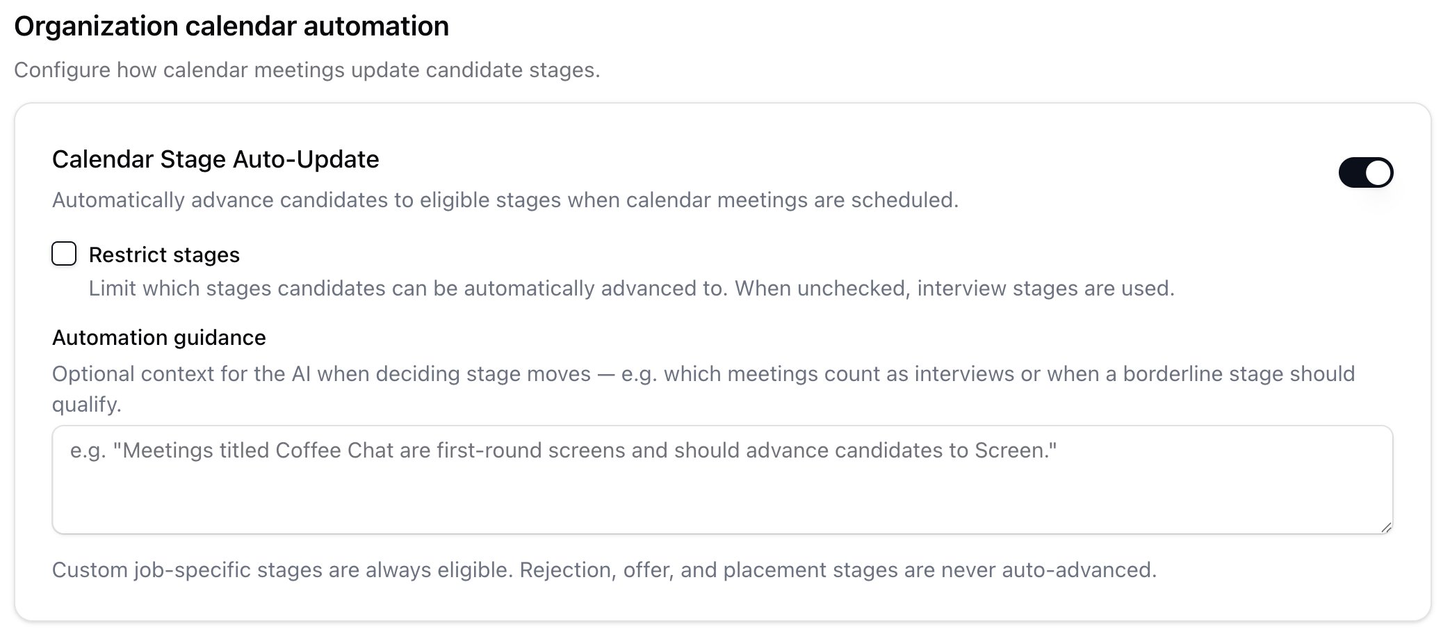 Organization calendar automation on the Calendars page