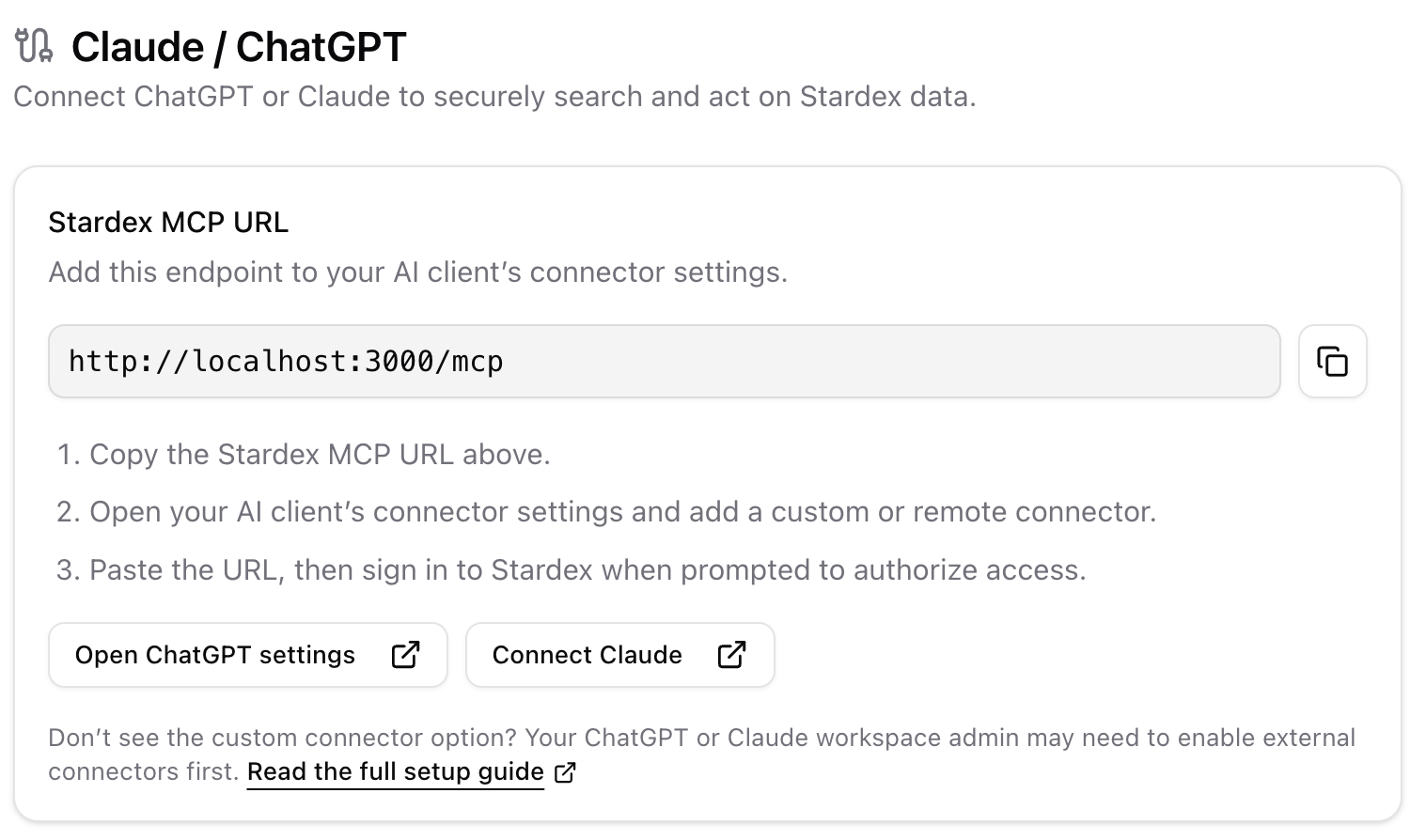 Claude / ChatGPT settings card with MCP URL
