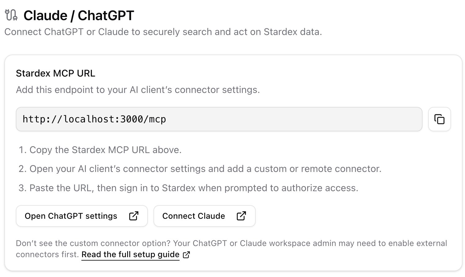 Claude / ChatGPT settings card with MCP URL