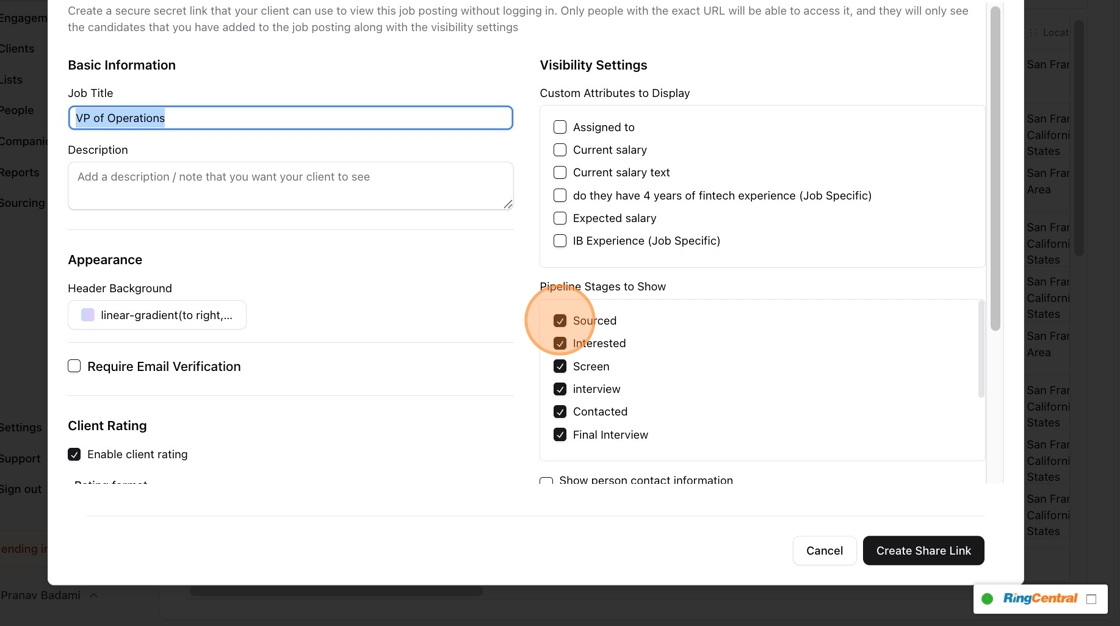 Creating a client sharable link from a job — screenshot 2
