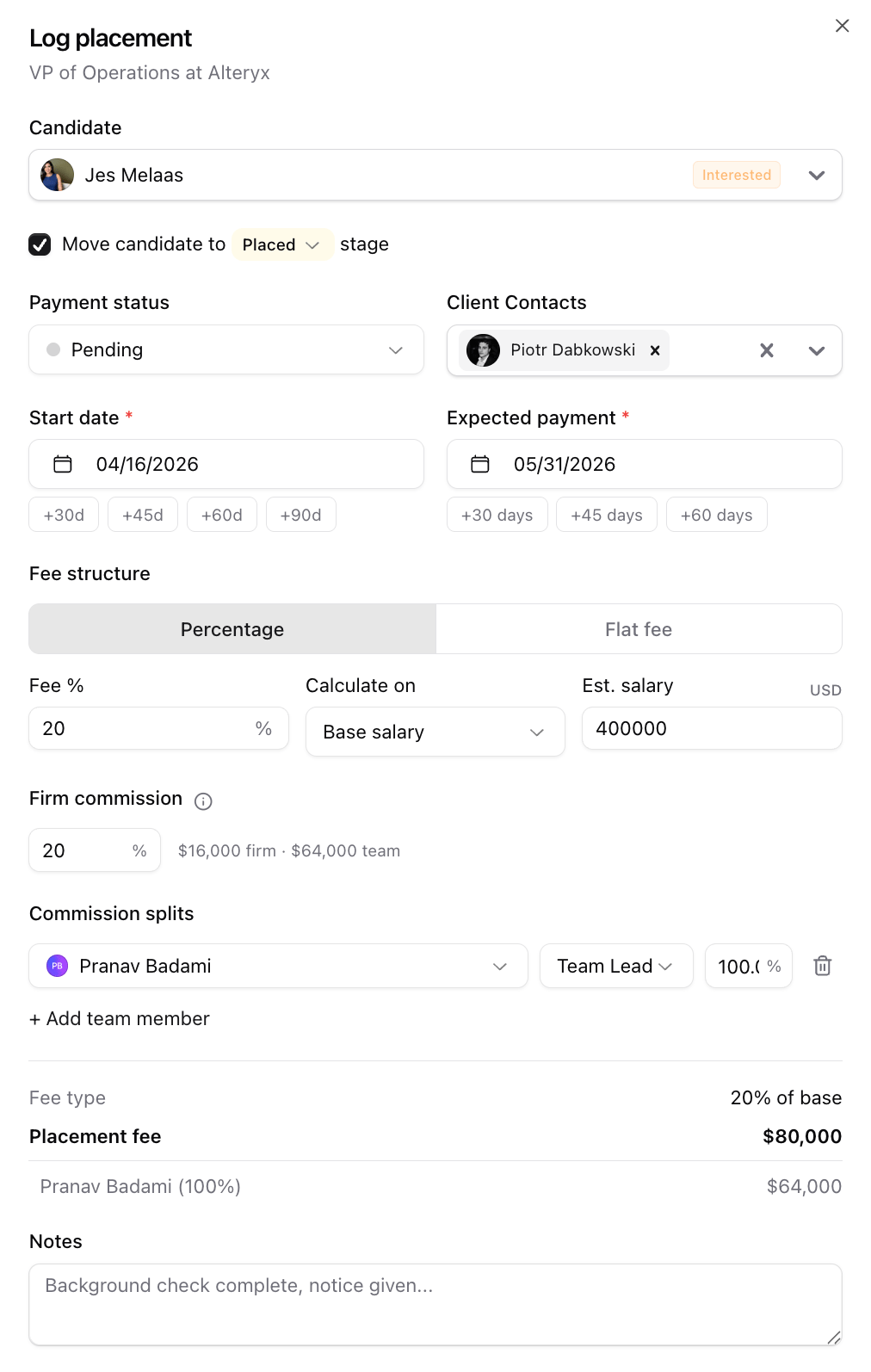 What the placement form includes — screenshot 6