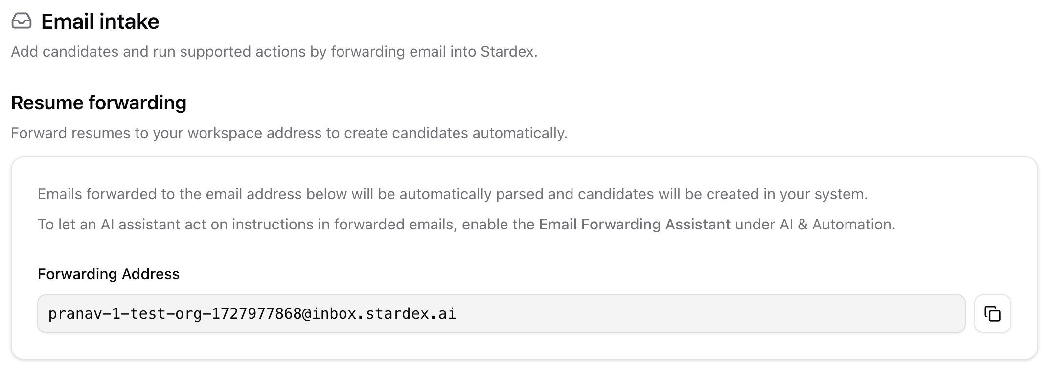 Email intake Resume Forwarding section