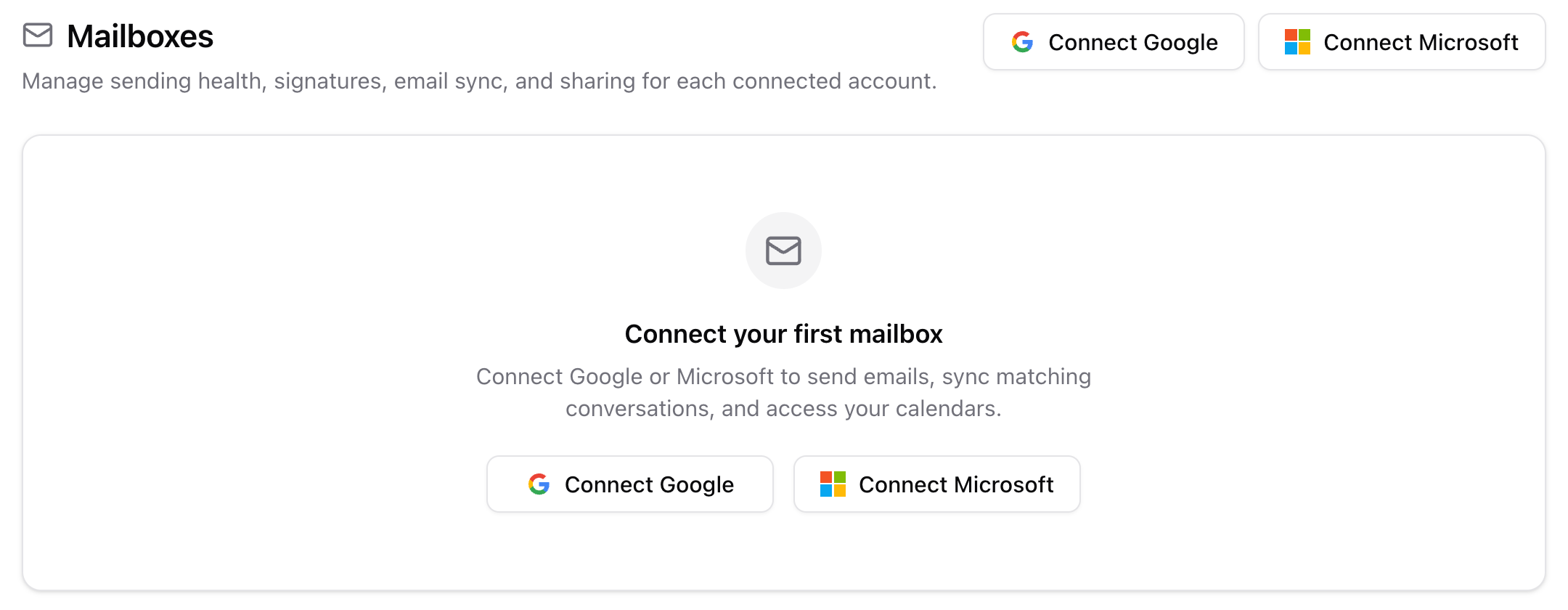 Mailboxes empty state with Connect Google and Connect Microsoft
