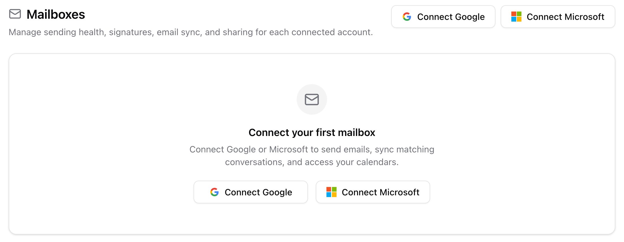 Mailboxes empty state with Connect Google and Connect Microsoft