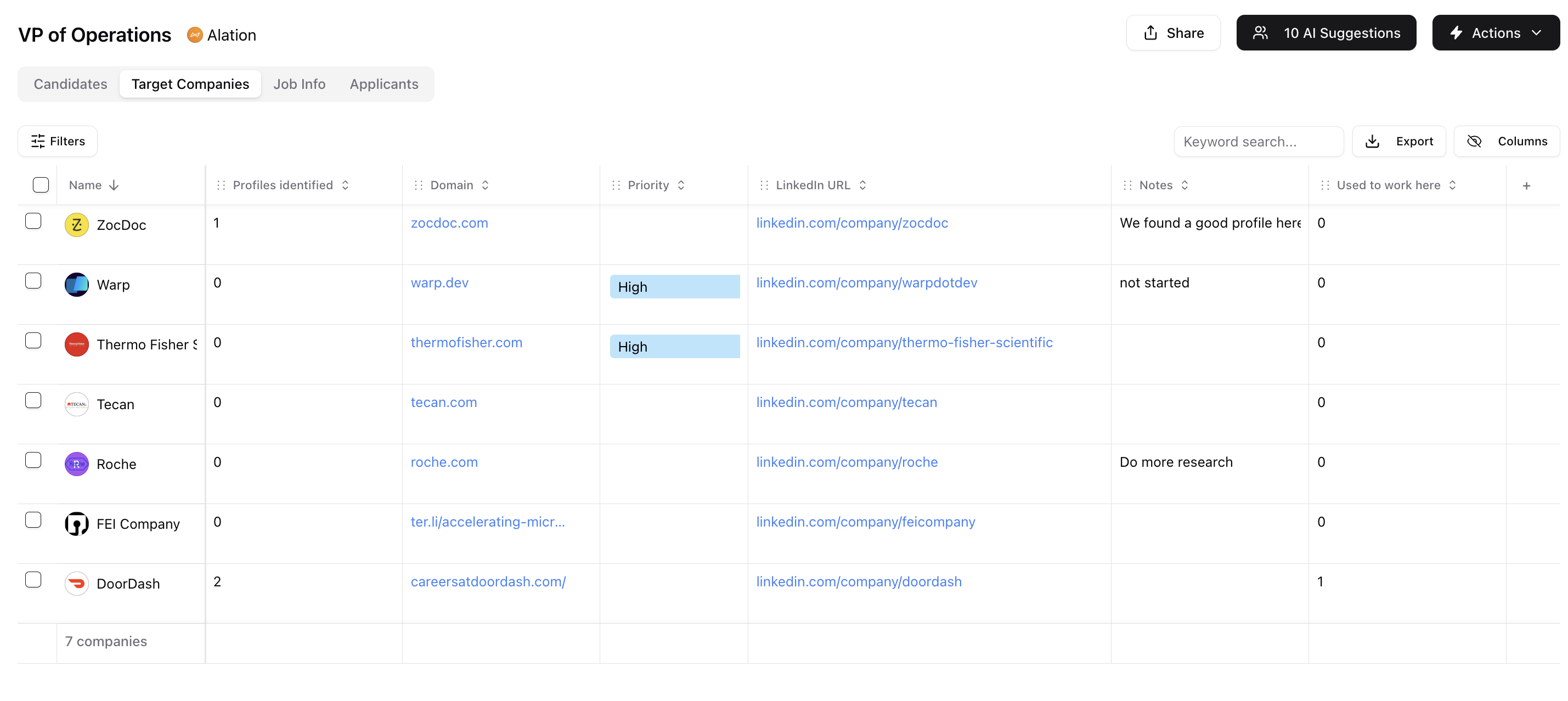 Target companies — screenshot 1