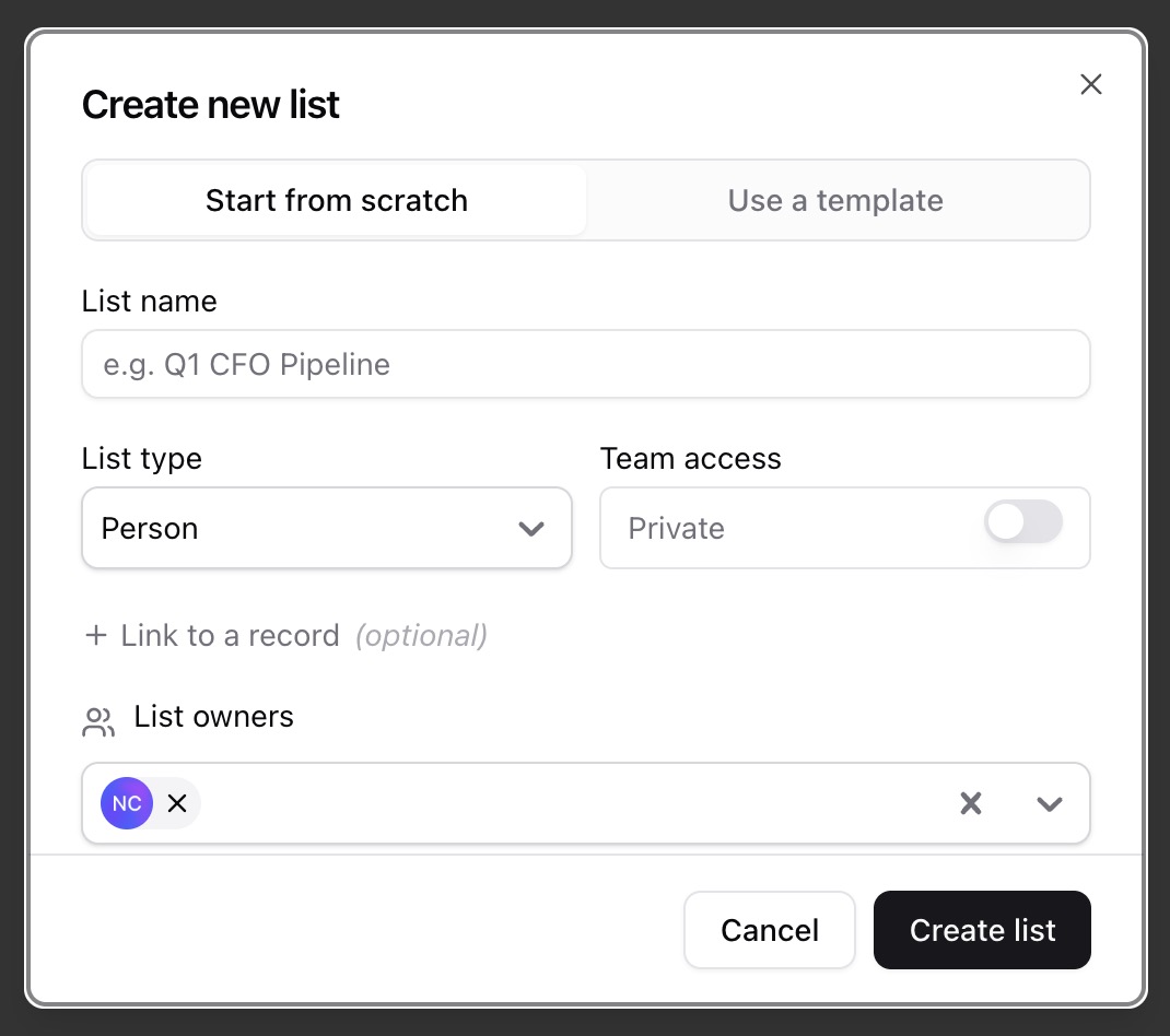 Make a clever name, if you want anyone else to see it, and what type of list this will be for Person or Company. 