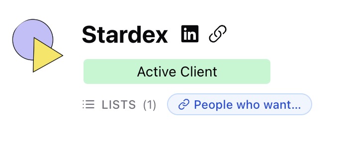 The list is displayed on the company/person that is the linked record, allowing for quick access.
