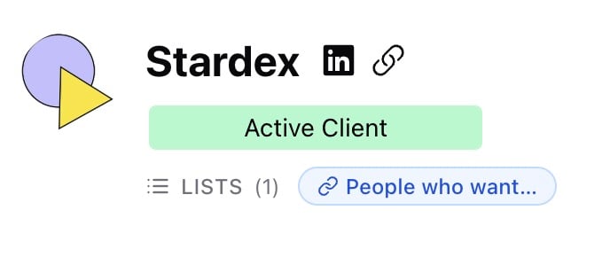 The list is displayed on the company/person that is the linked record, allowing for quick access.