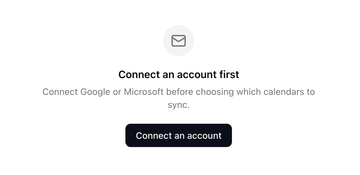 Calendars empty state asking to connect an account first