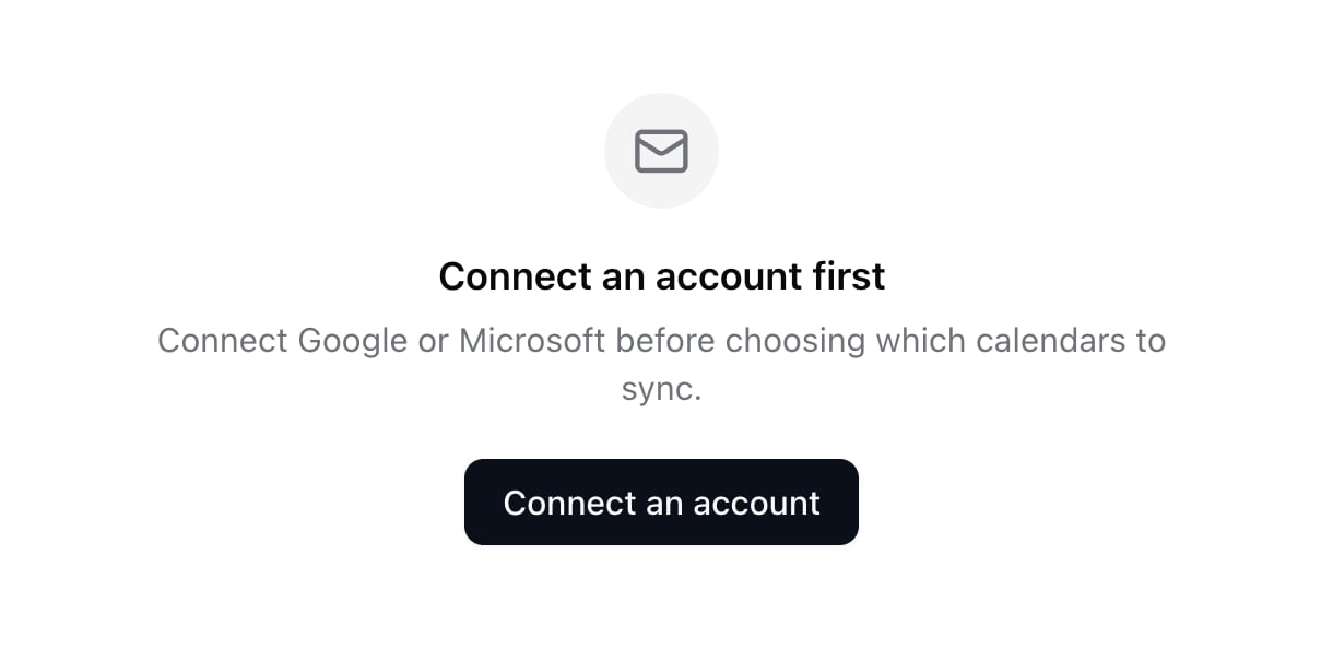 Calendars empty state asking to connect an account first