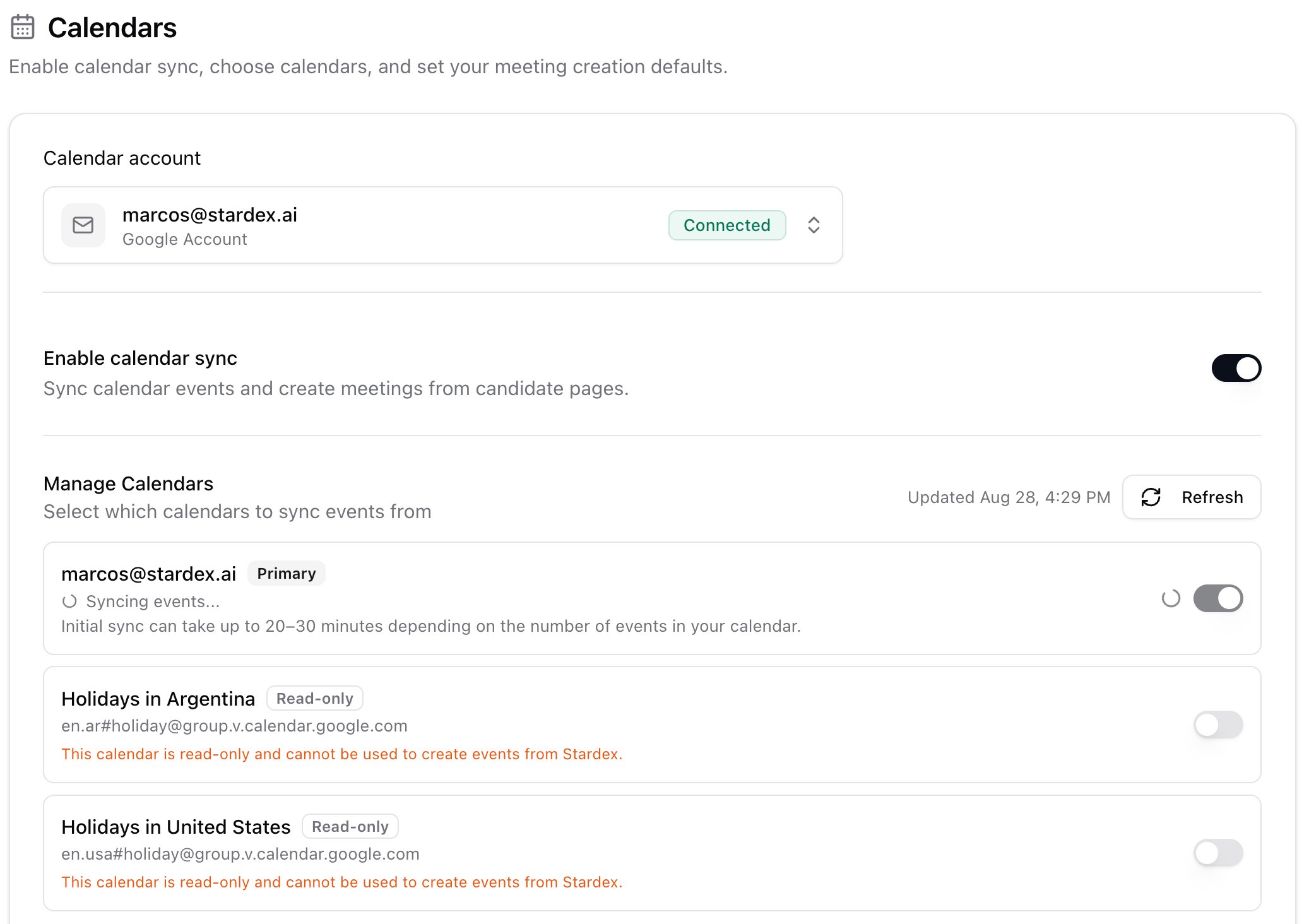 Calendar sync on, with the calendar list and visibility toggles