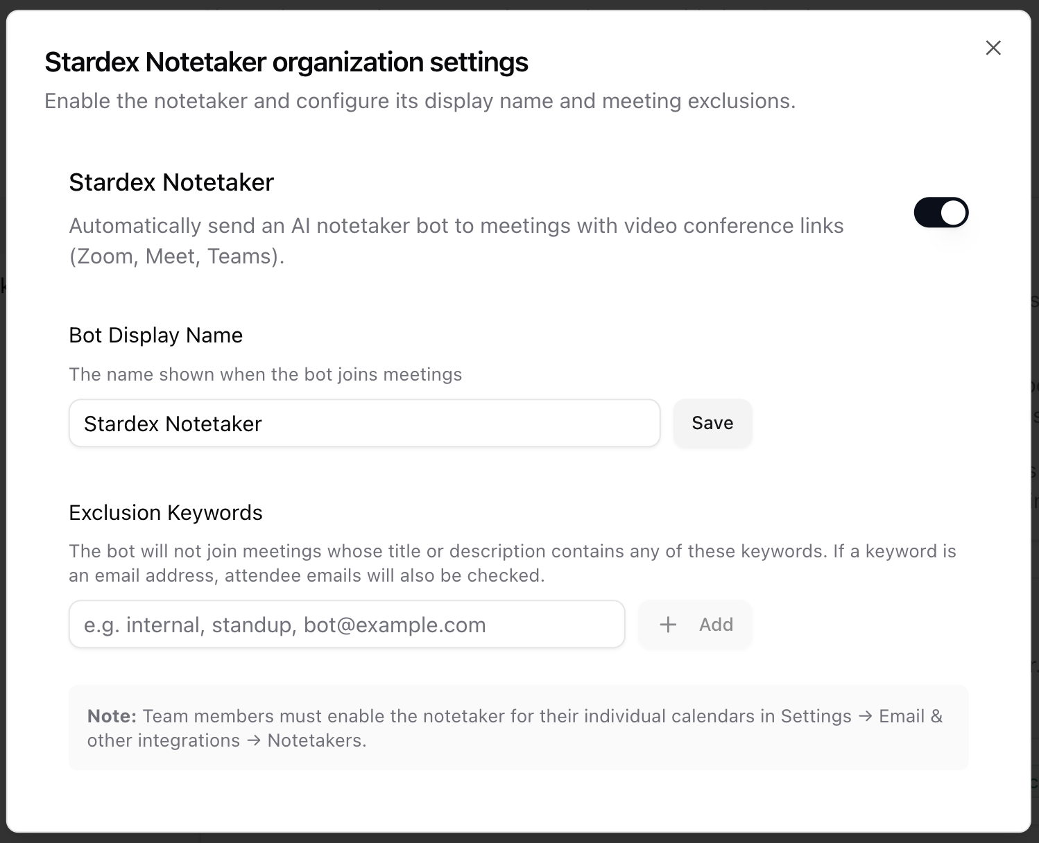 Org notetaker settings dialog