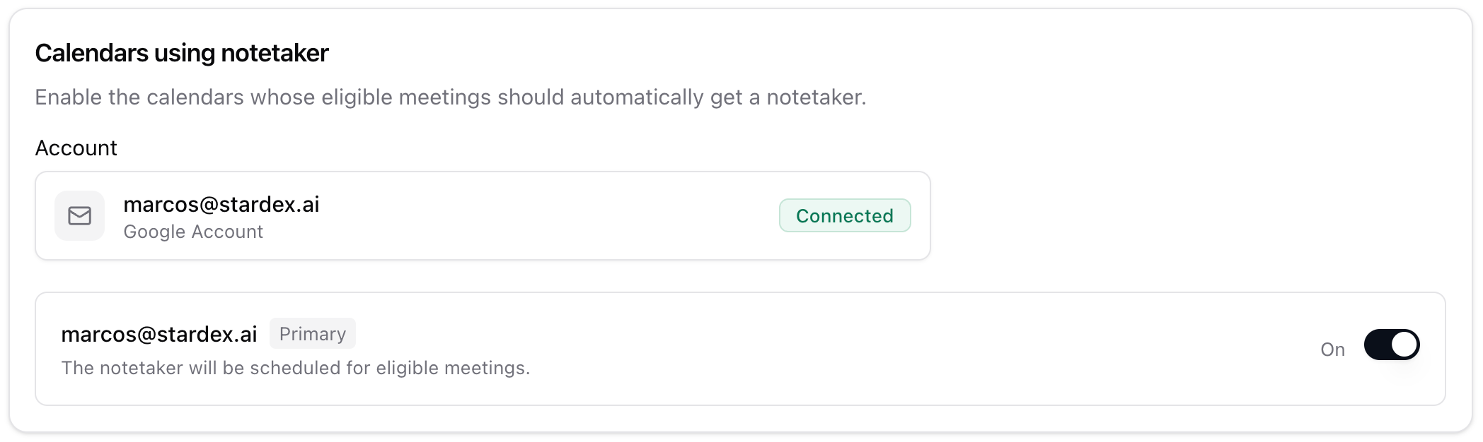 Per-calendar Stardex Notetaker On/Off toggles