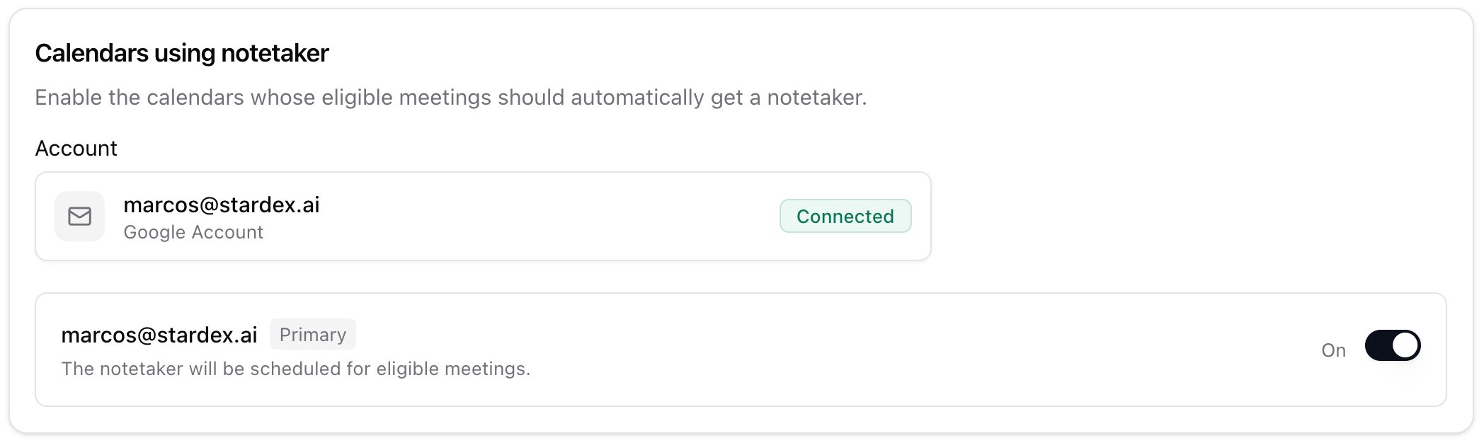 Per-calendar Stardex Notetaker On/Off toggles