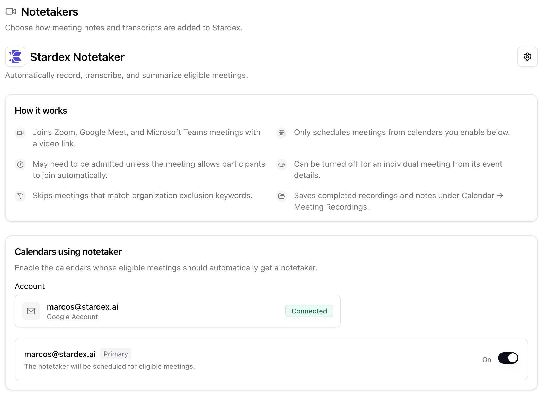 Notetakers page with how-it-works cards and the org settings gear
