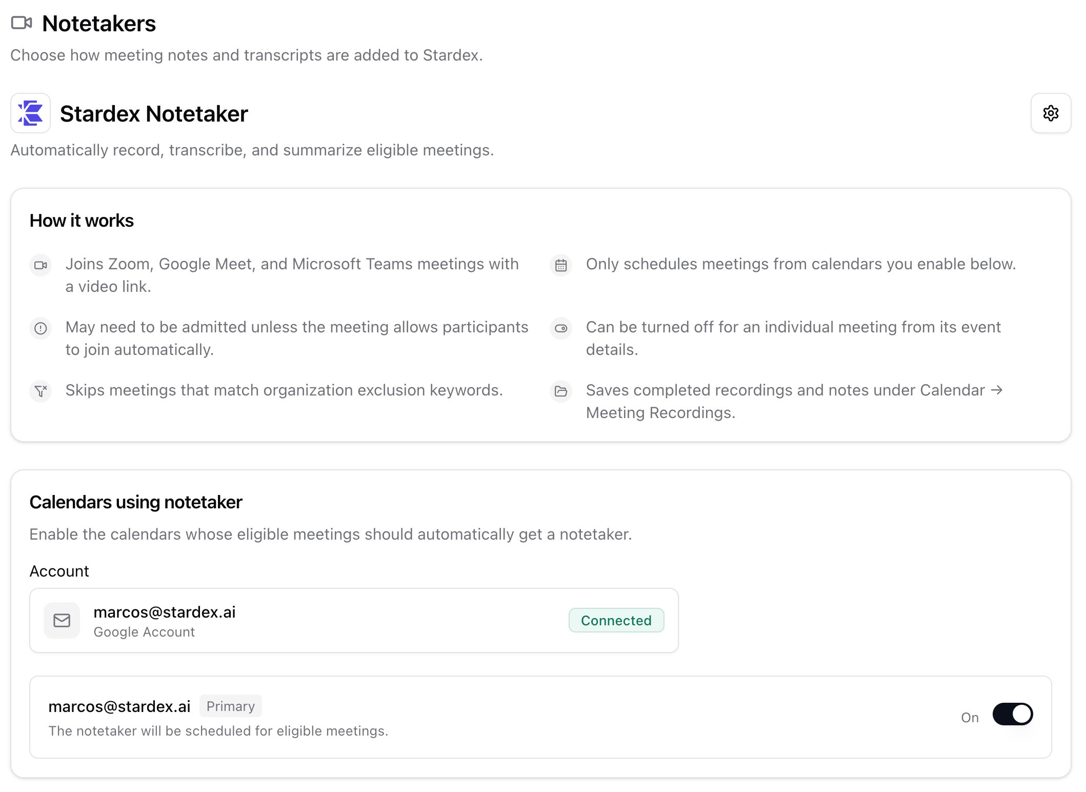 Notetakers page with how-it-works cards and the org settings gear