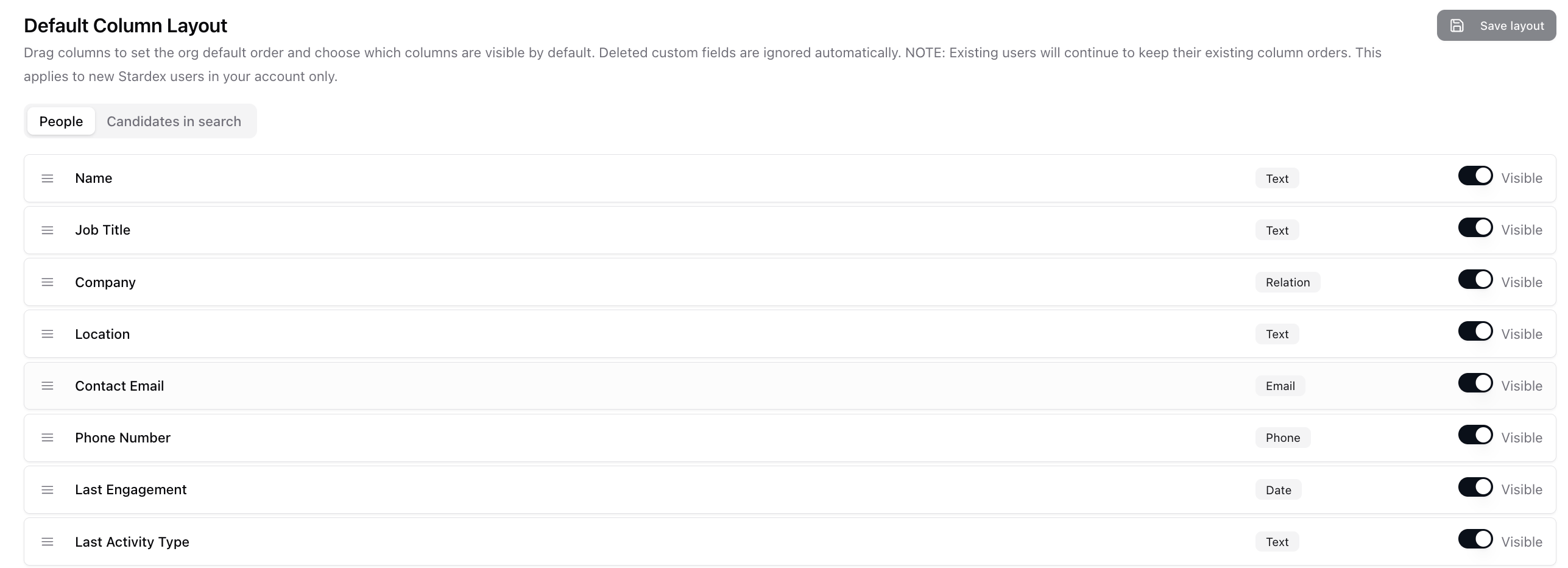 How admins set a default column order — screenshot 1