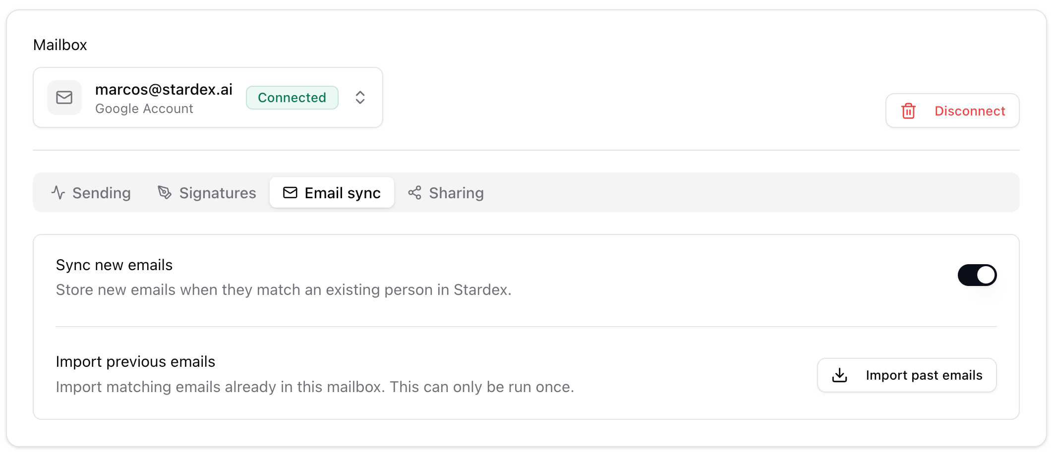 Mailboxes Email sync tab with Sync new emails and Import past emails