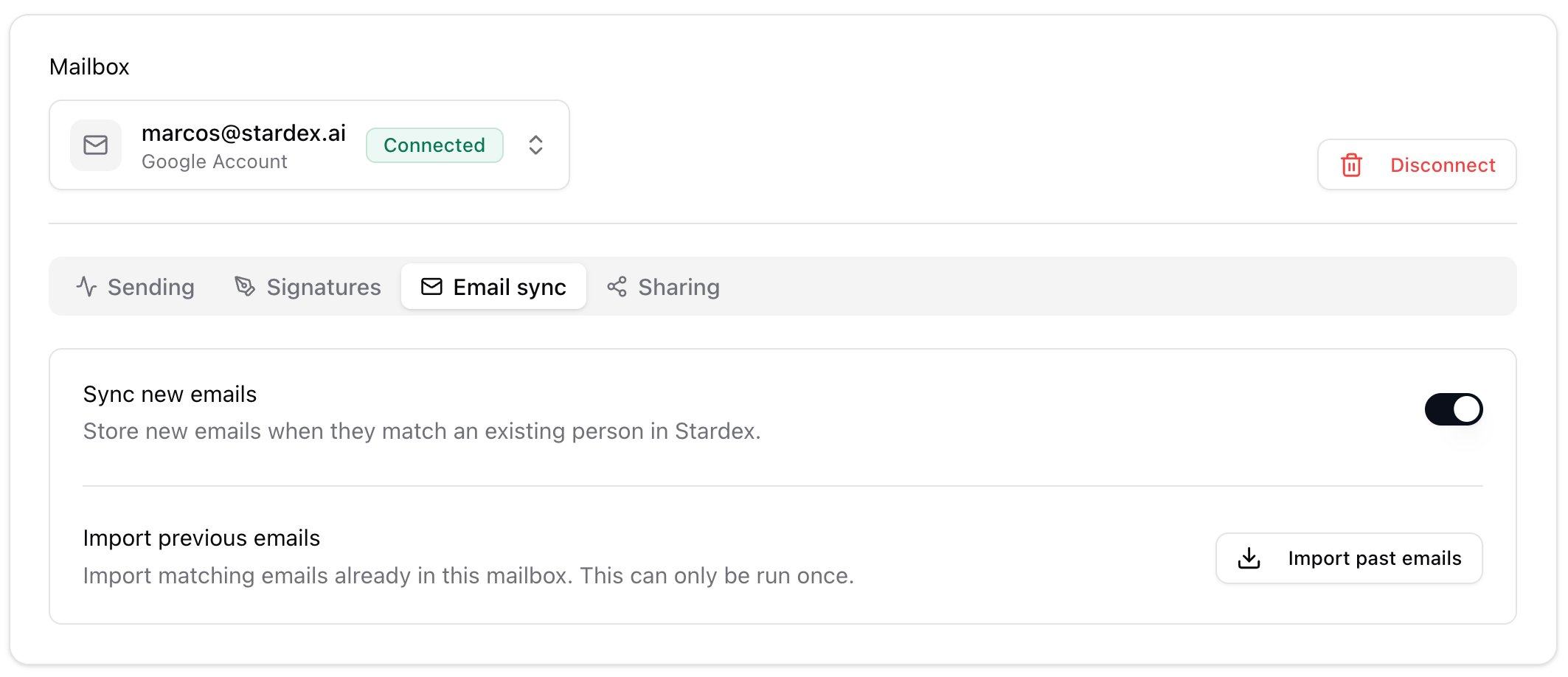 Mailboxes Email sync tab with Sync new emails and Import past emails