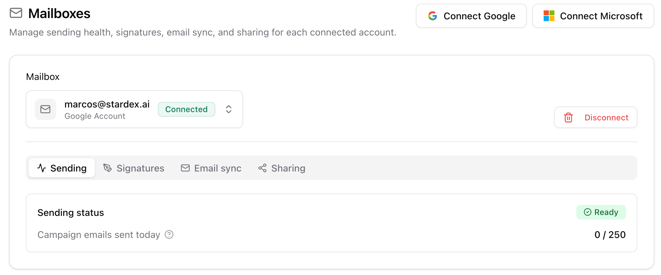 Account picker at the top of Mailboxes