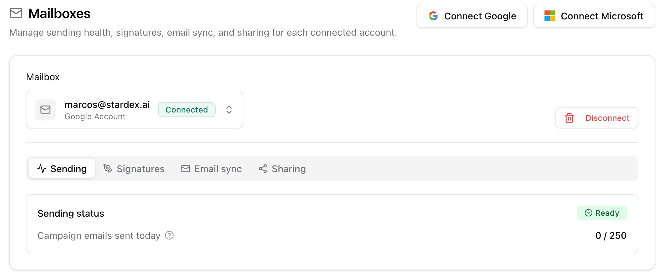 Mailboxes with a connected inbox, account picker, Connected badge, and the Sending / Signatures / Email sync / Sharing tabs