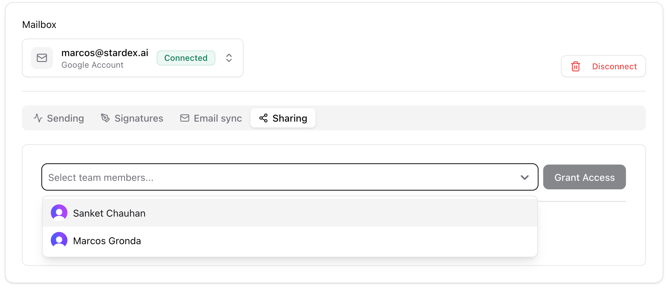 Mailboxes Sharing tab with teammate picker and Grant Access
