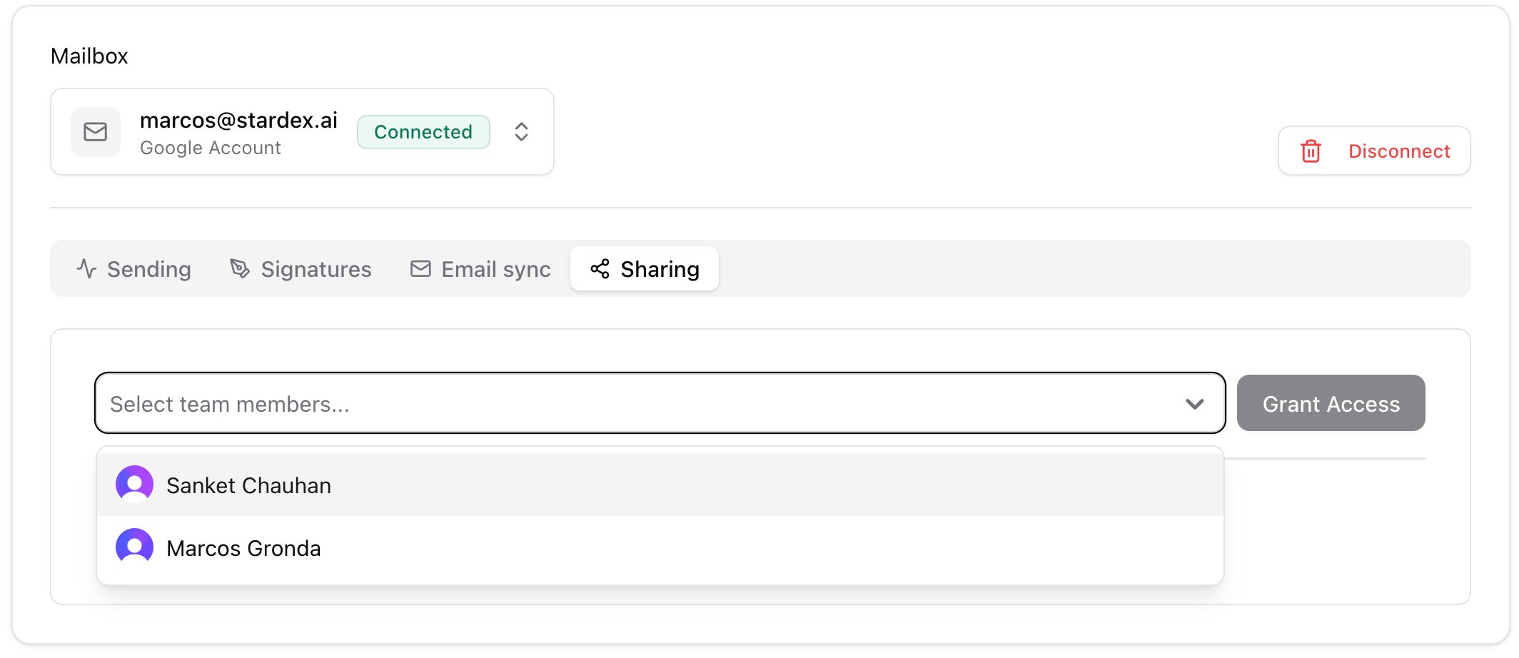 Mailboxes Sharing tab with teammate picker and Grant Access