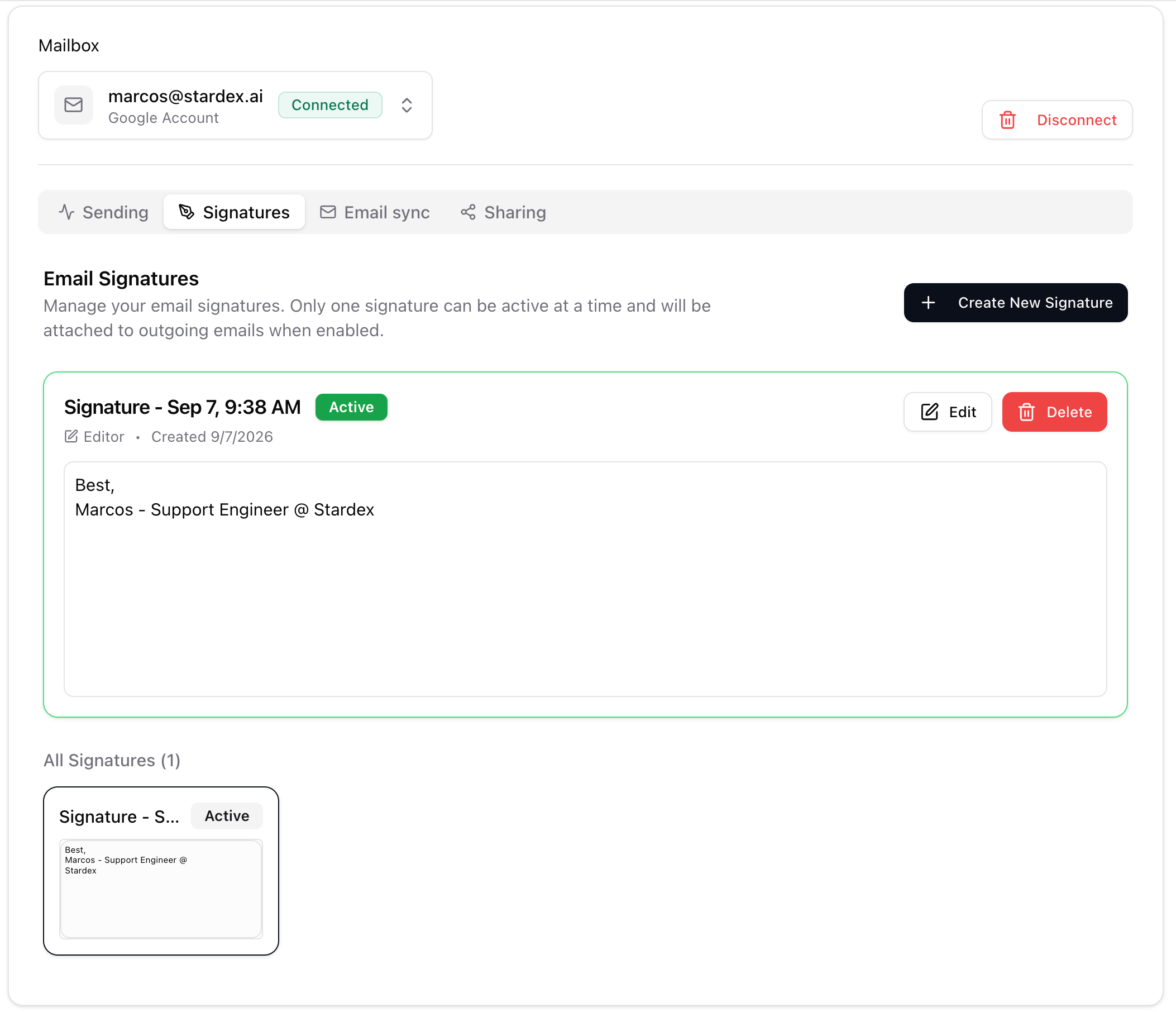 Mailboxes Signatures tab