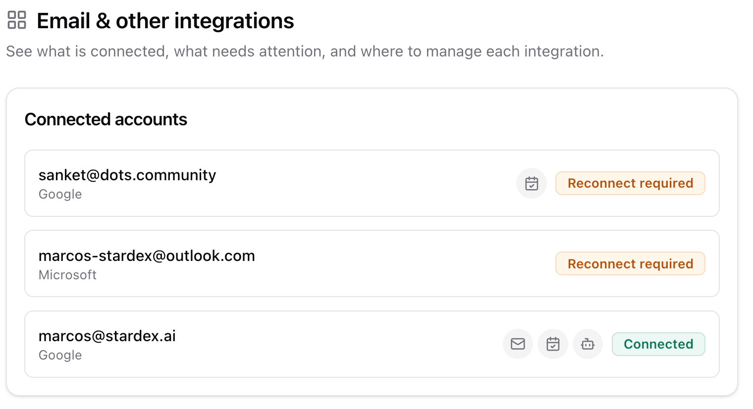 Overview connected accounts with email / calendar / notetaker icons