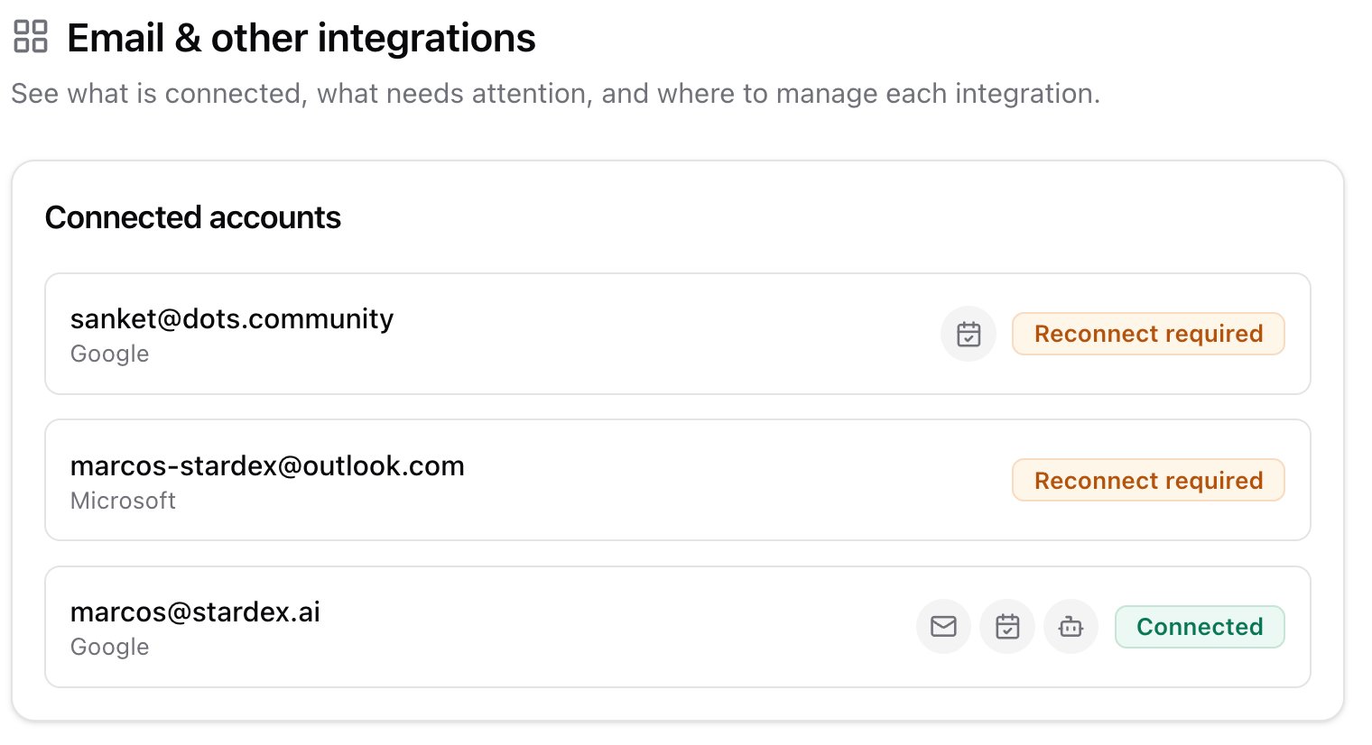 Overview connected accounts with email / calendar / notetaker icons