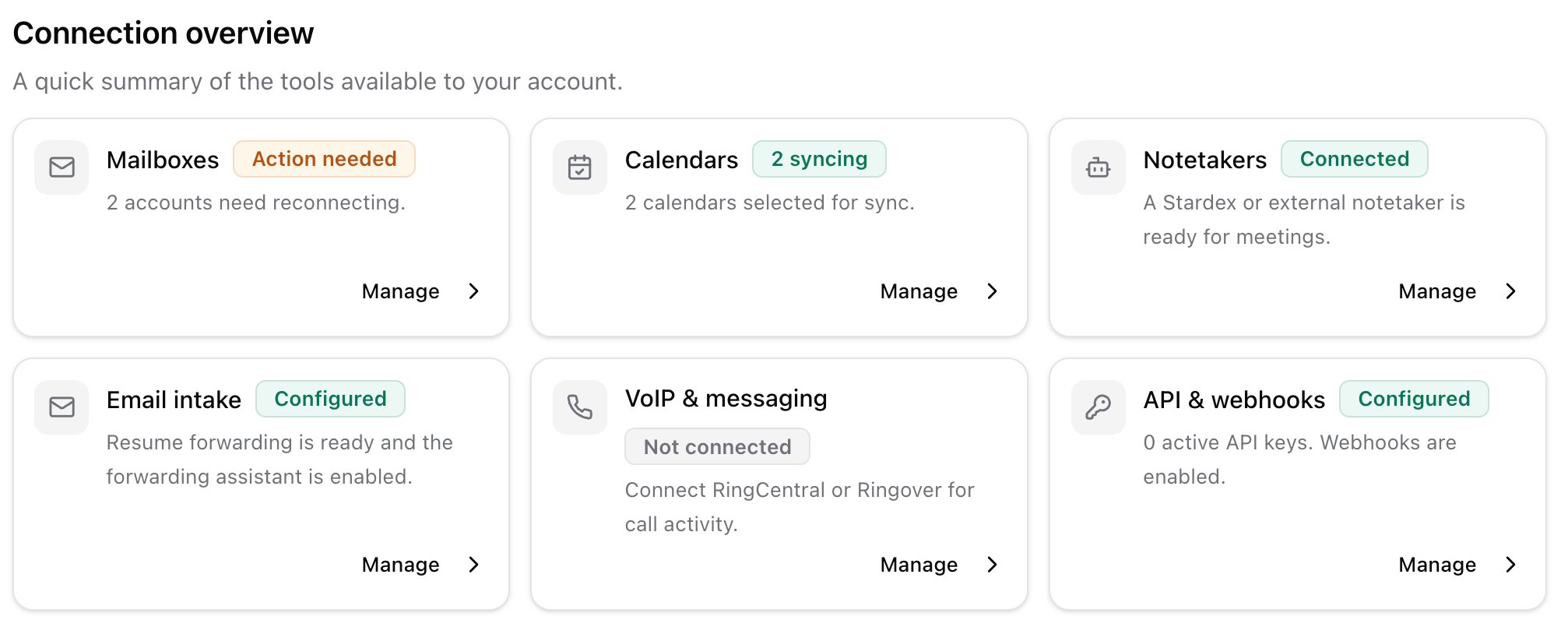 Overview connection cards including admin cards for Email intake, VoIP, API