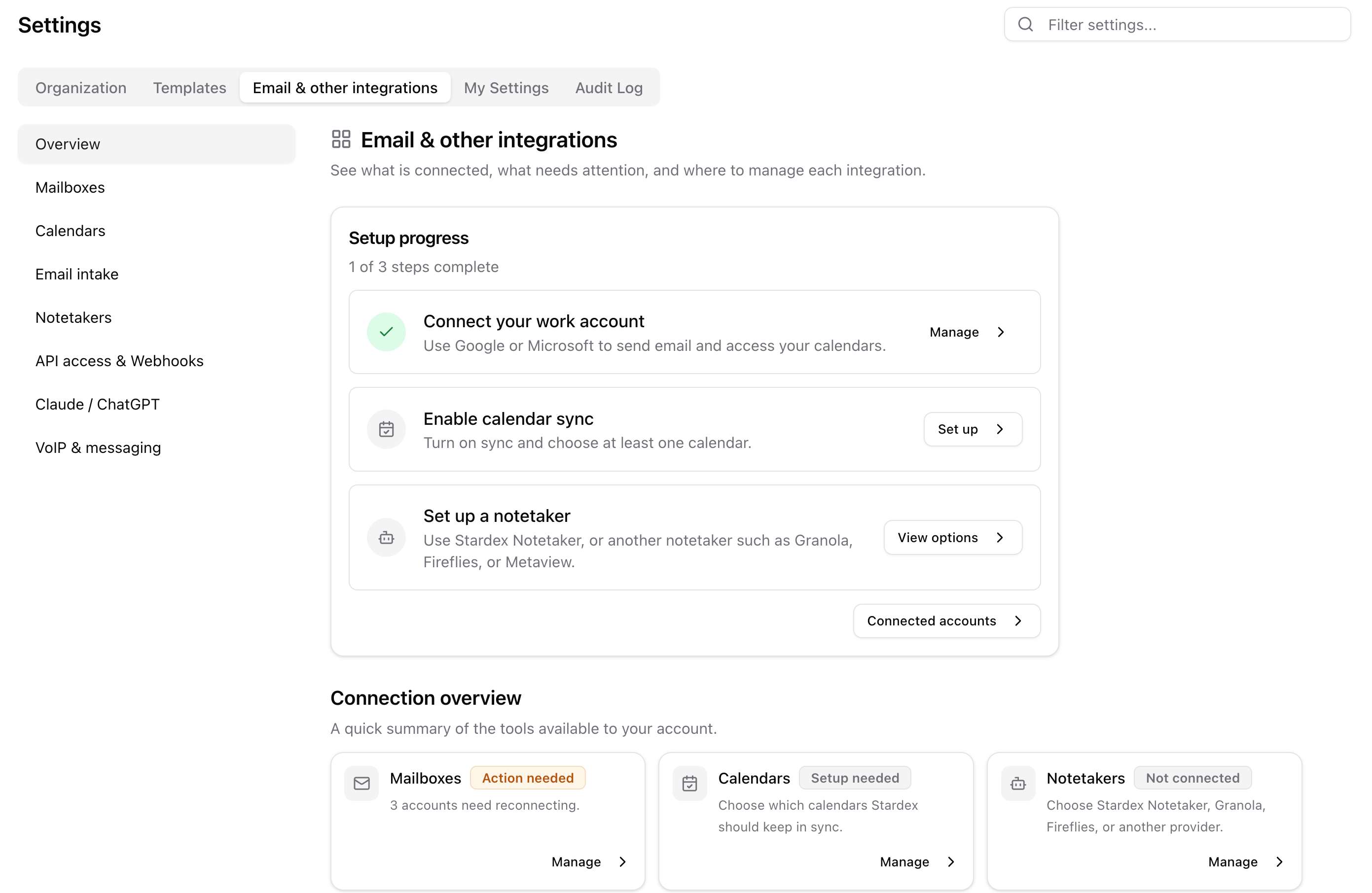 Settings header with Email & other integrations selected