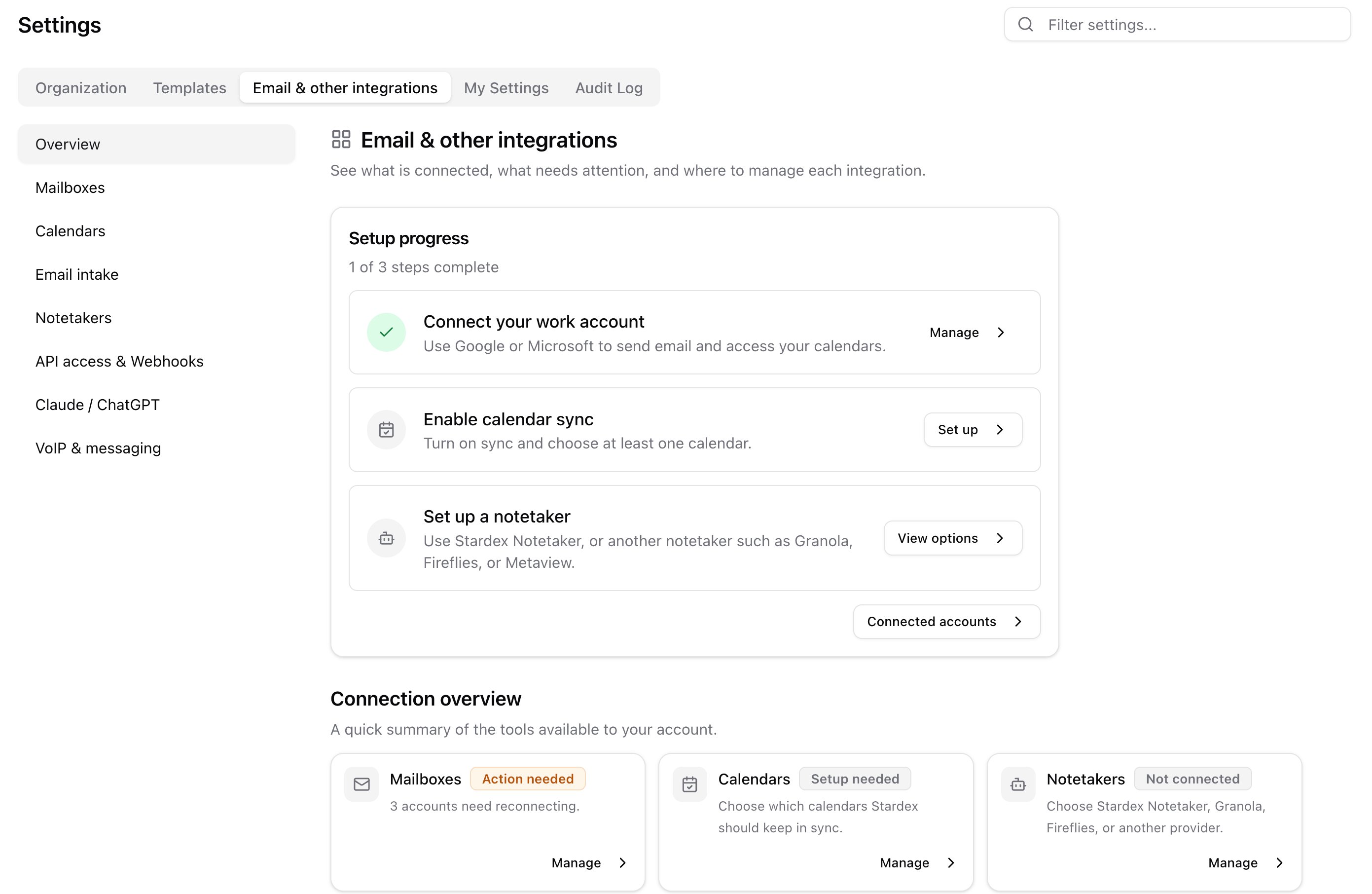 Settings header with Email & other integrations selected