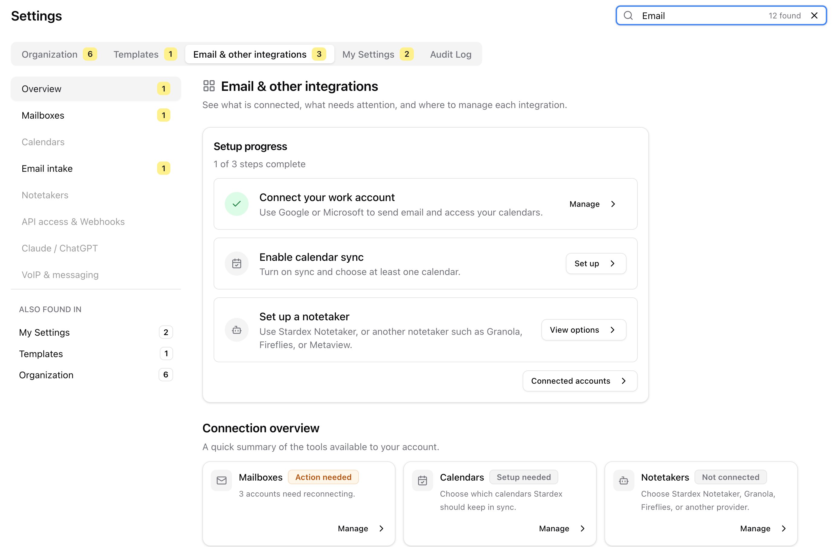 Filter settings search with yellow badges on tabs