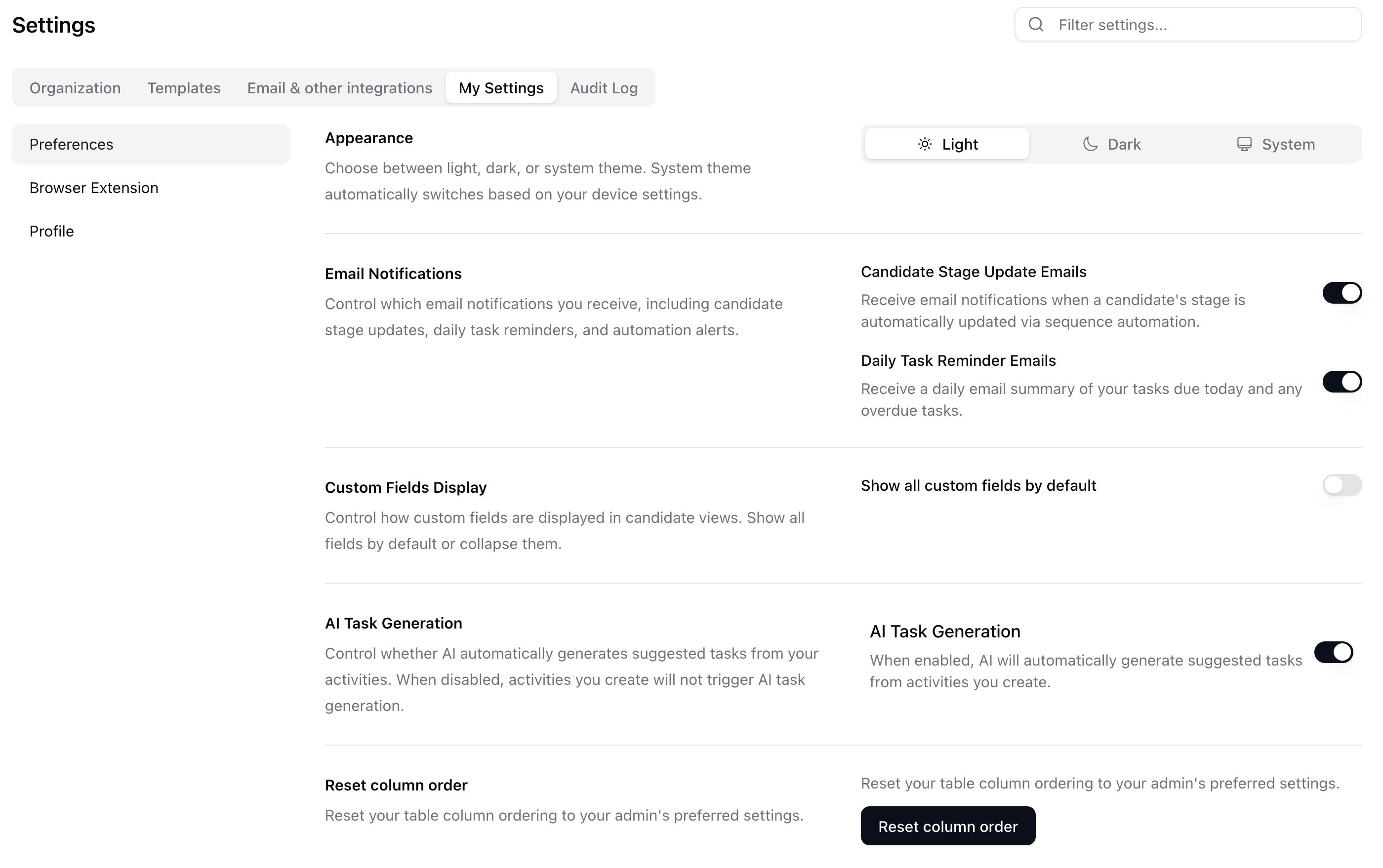 My Settings Preferences