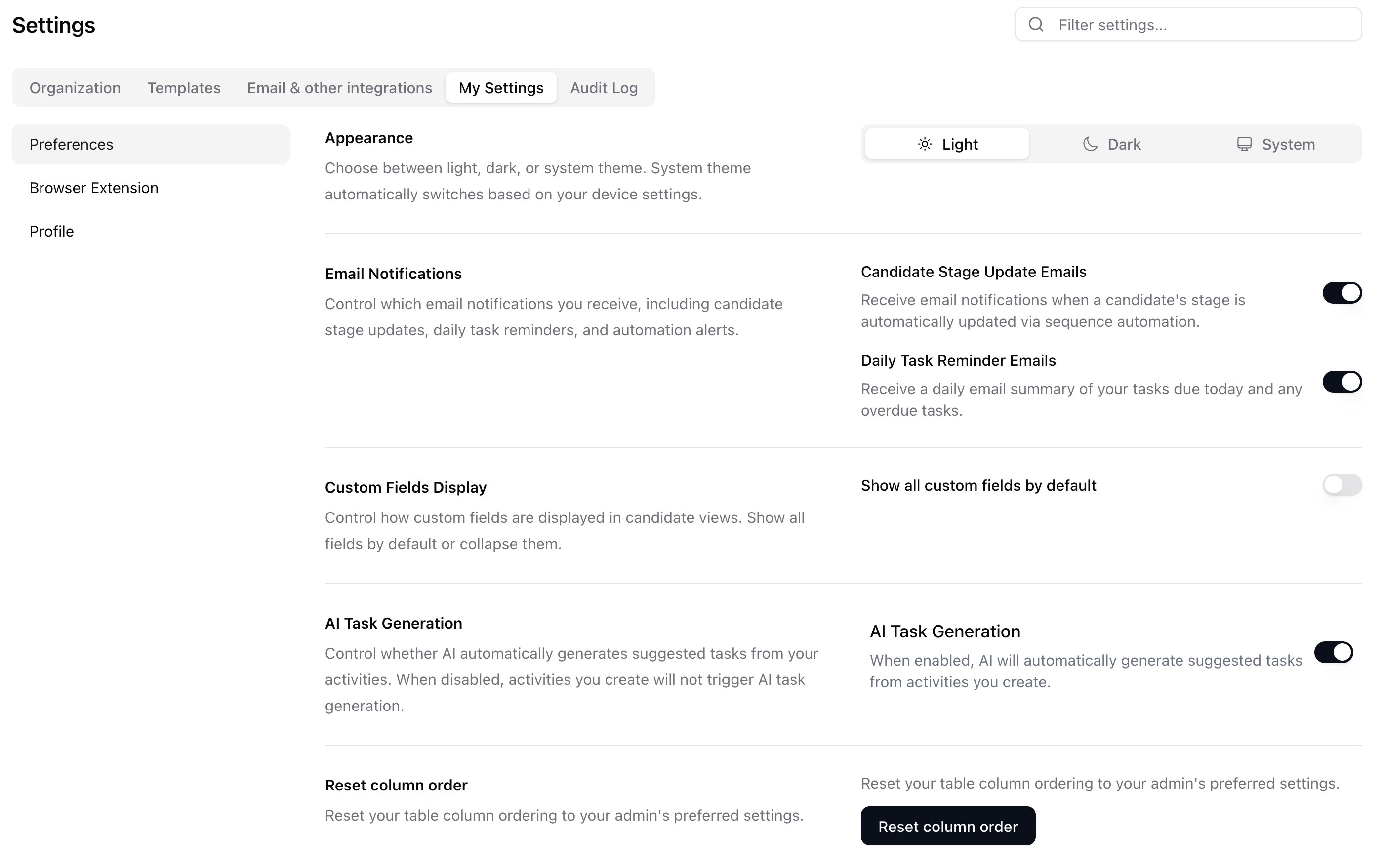 My Settings Preferences