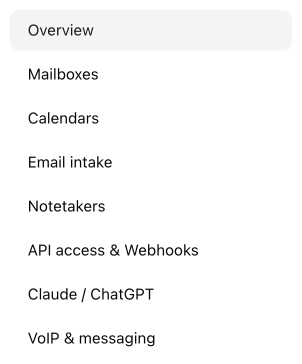 Left sidebar of Email & other integrations showing every section
