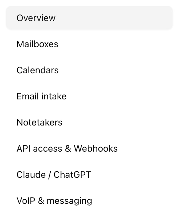 Left sidebar of Email & other integrations showing every section