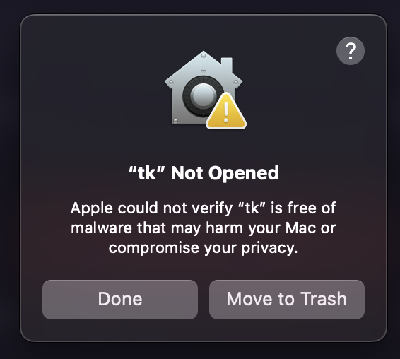 tk not opened warning dialog