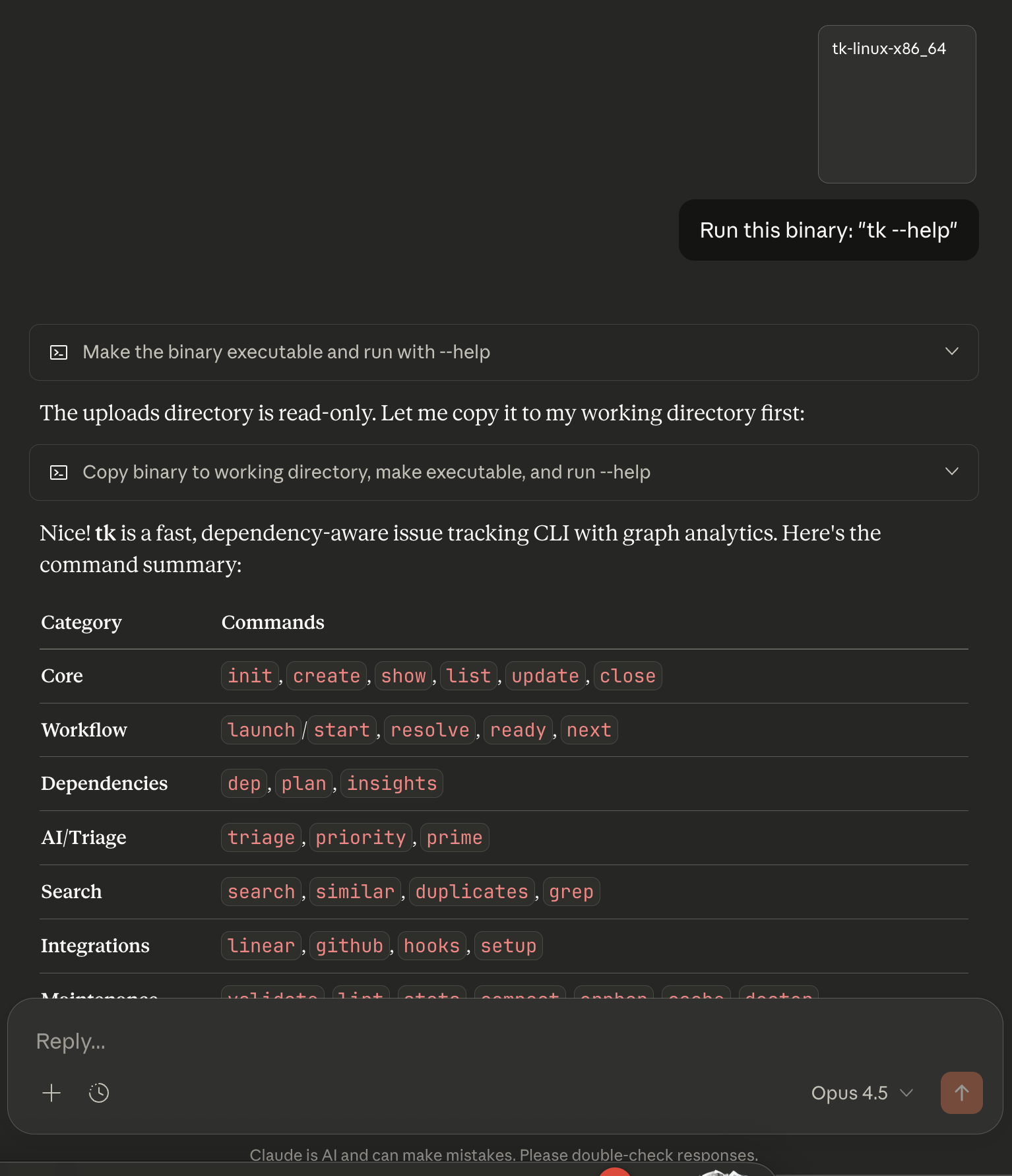 Make tk executable and run it