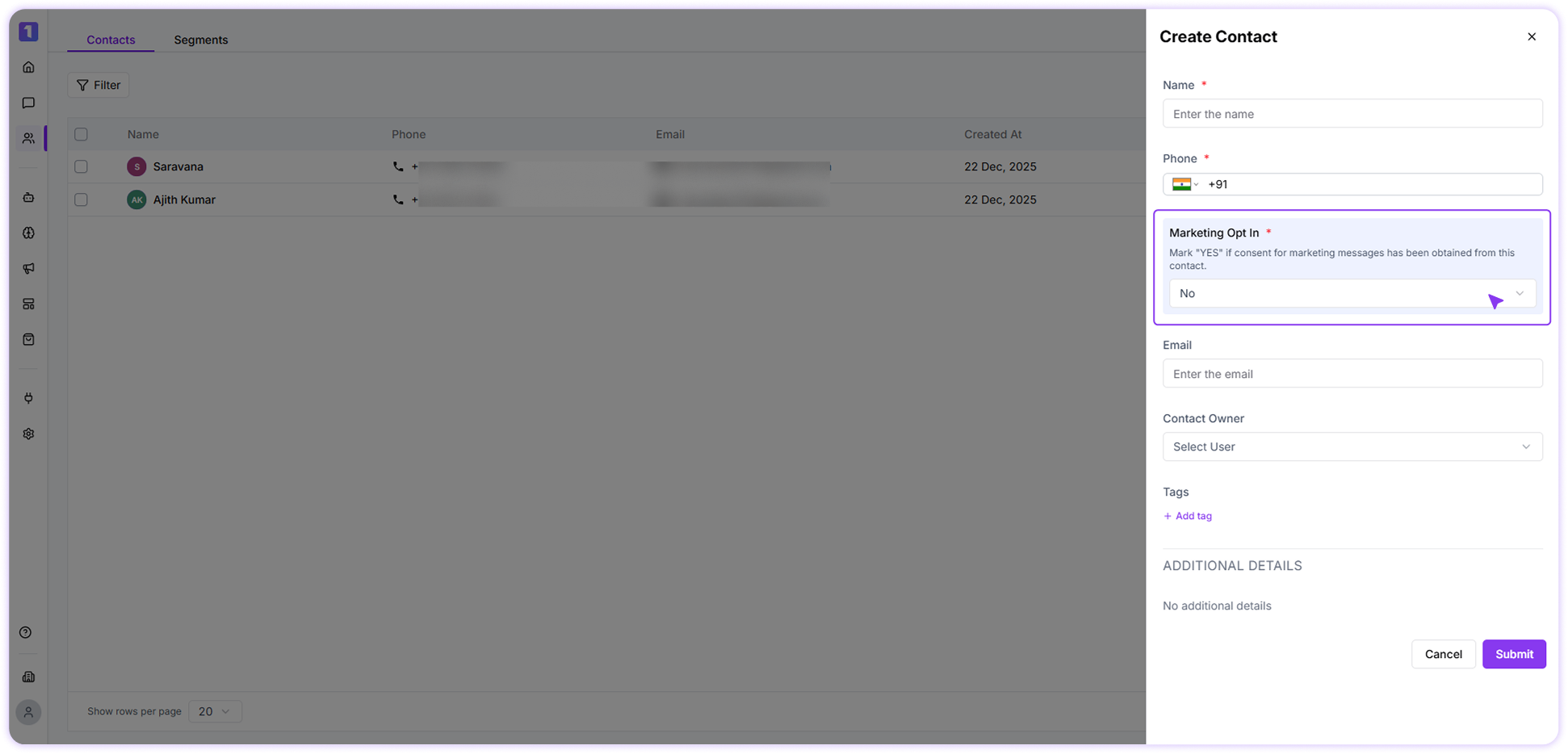 Marketing Opt In Single Contact