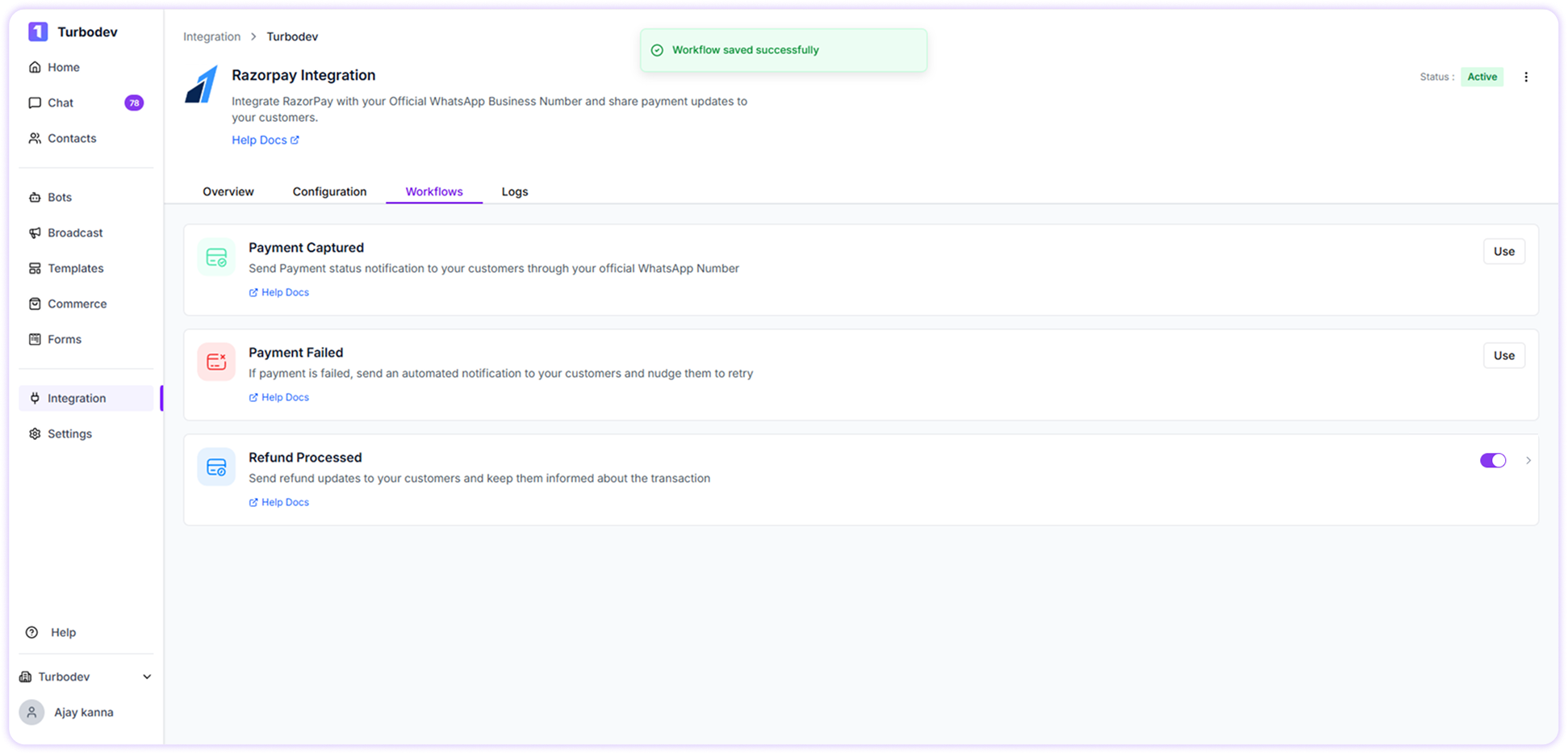 Razorpay Payment Refund Toggle