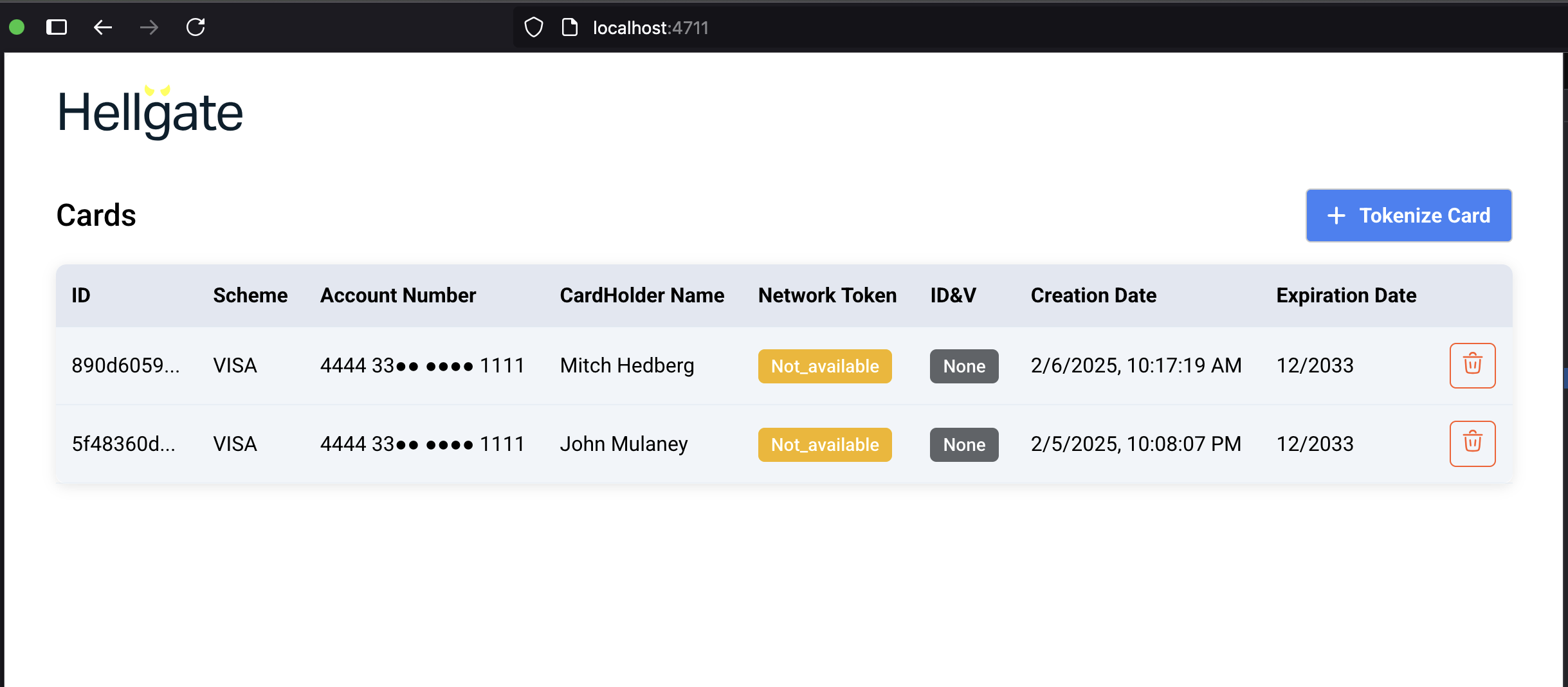 Card management interface