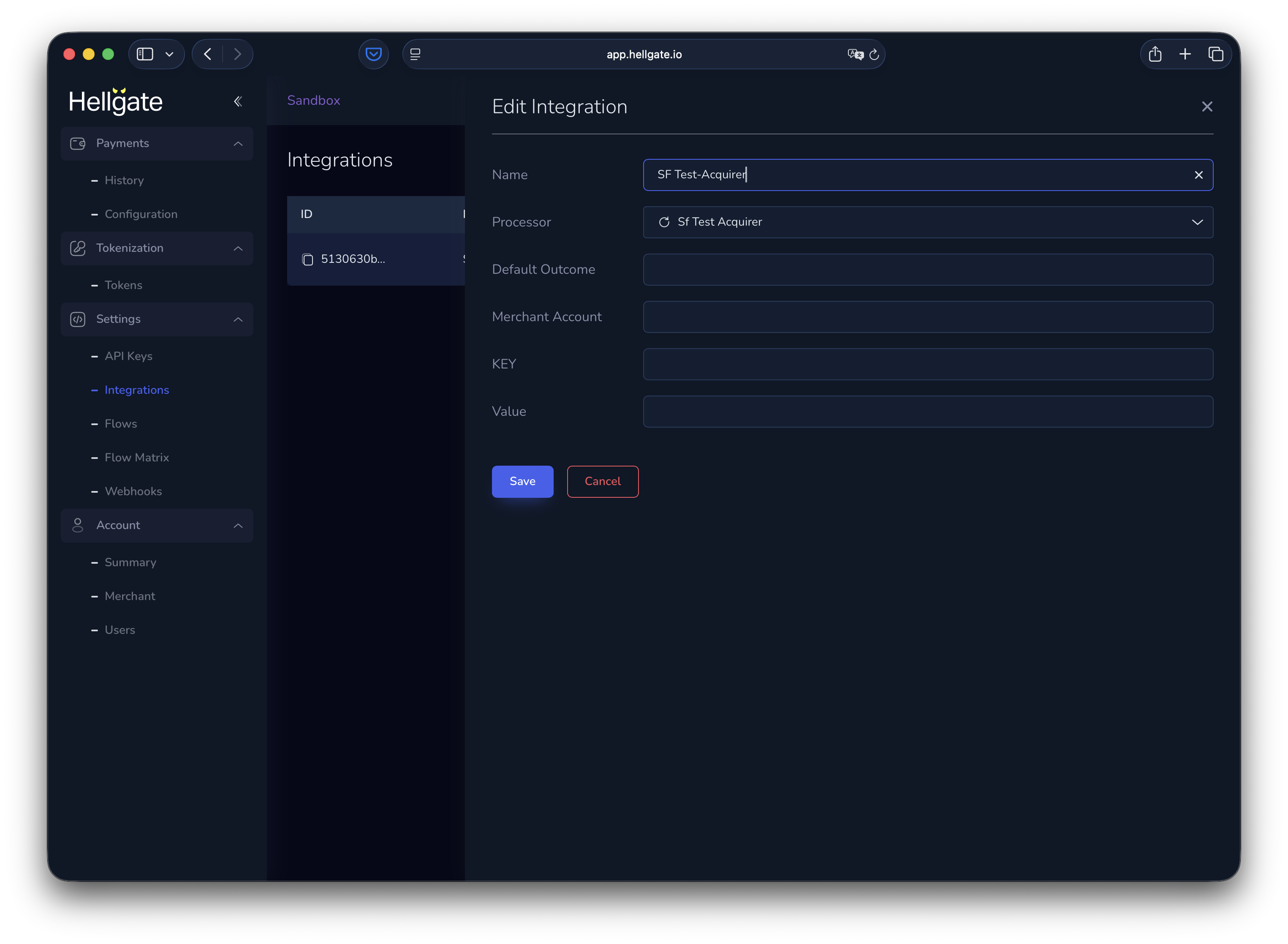 Edit integration form