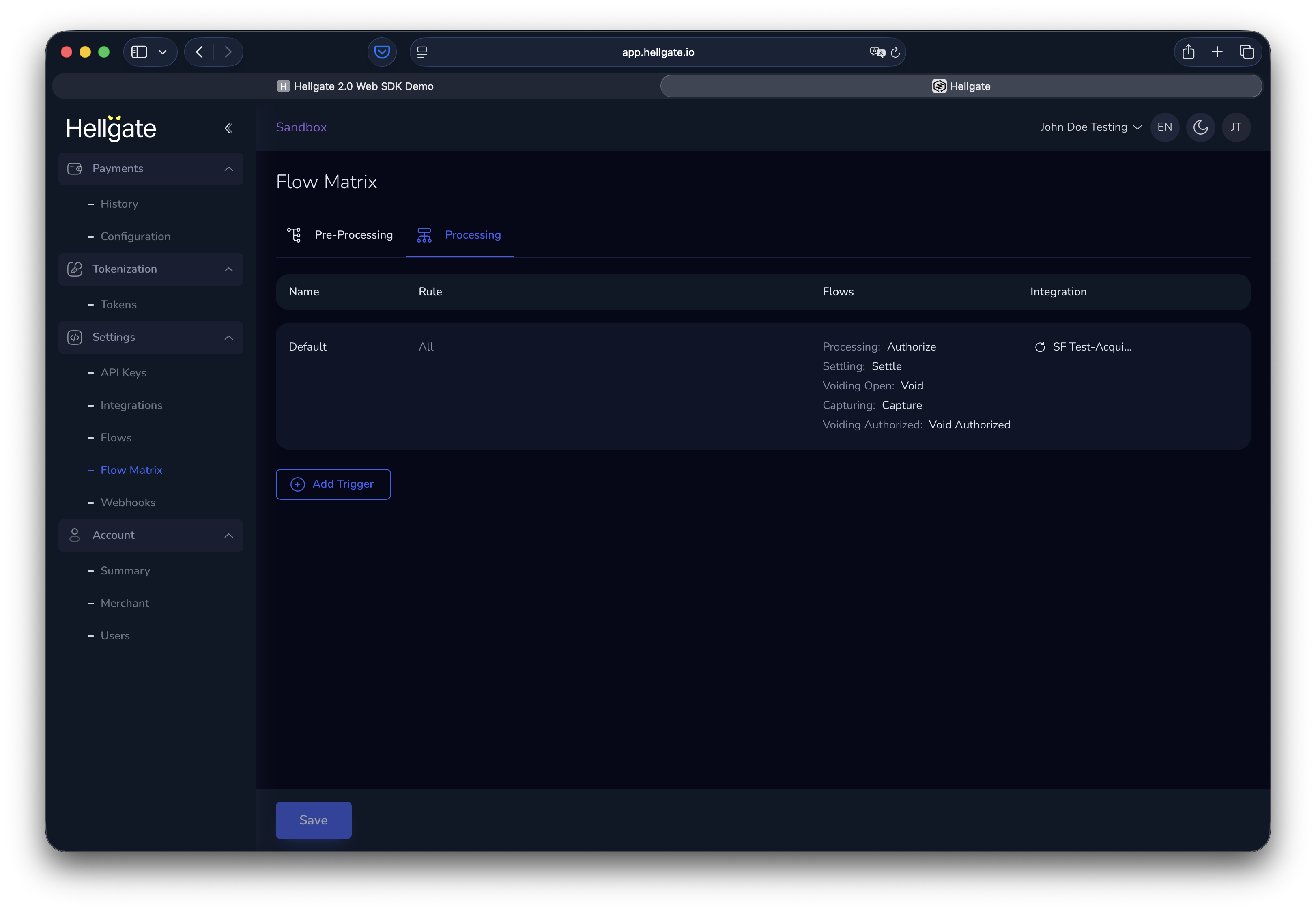 Processing flow matrix with default rule