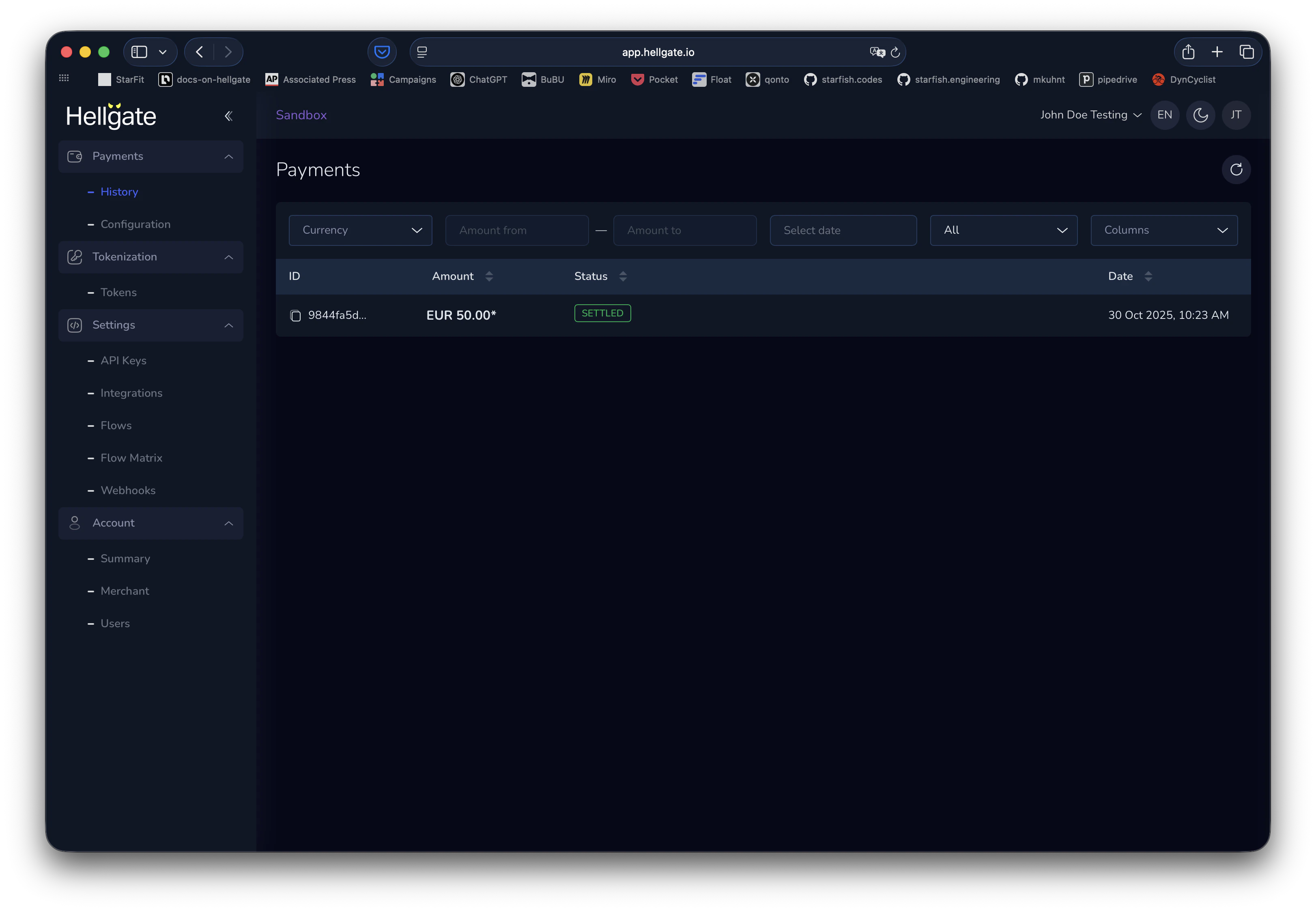 Payment history with filters